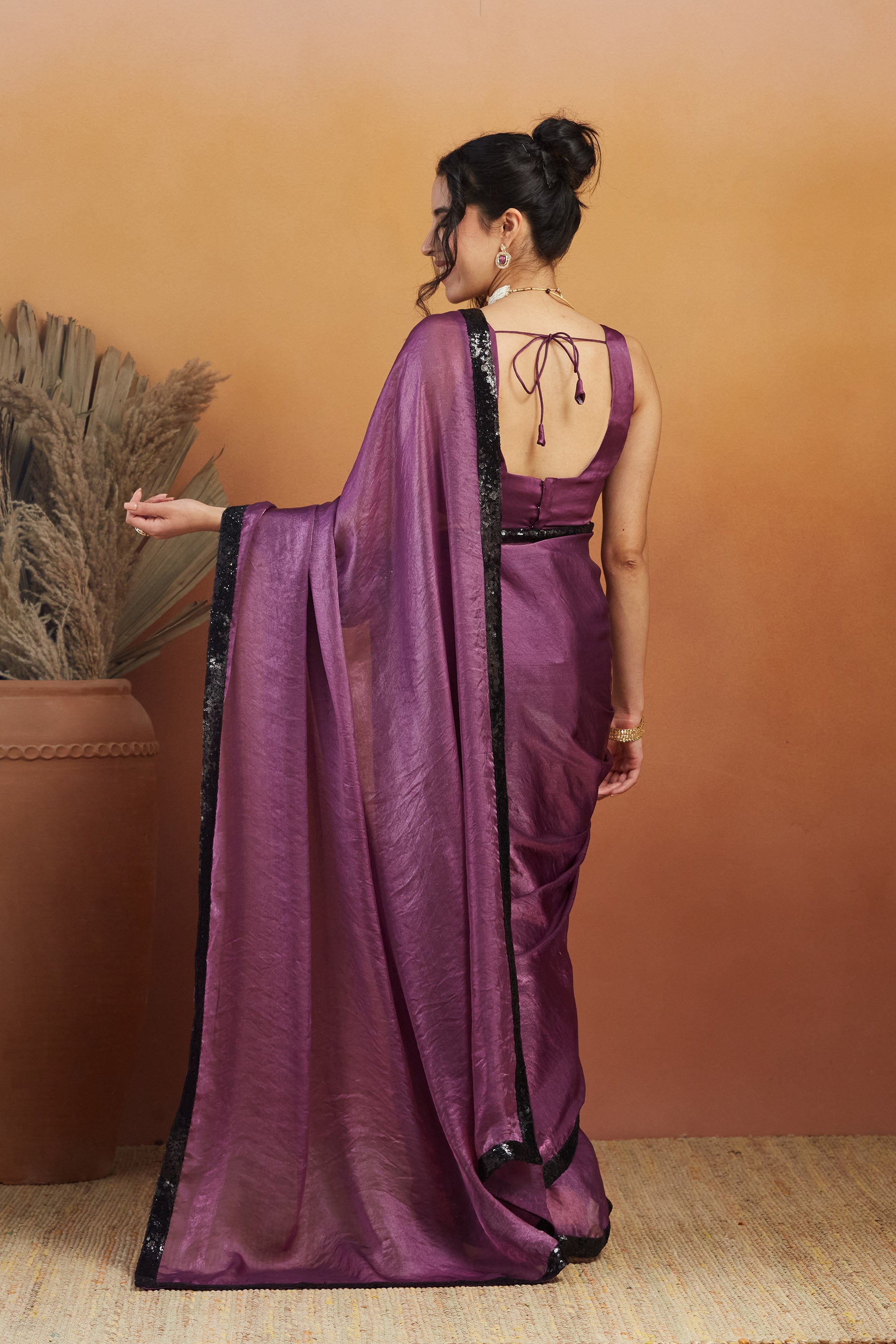 Embellished Glass Lace Work Purple Satin Velvet Ready to Wear Saree