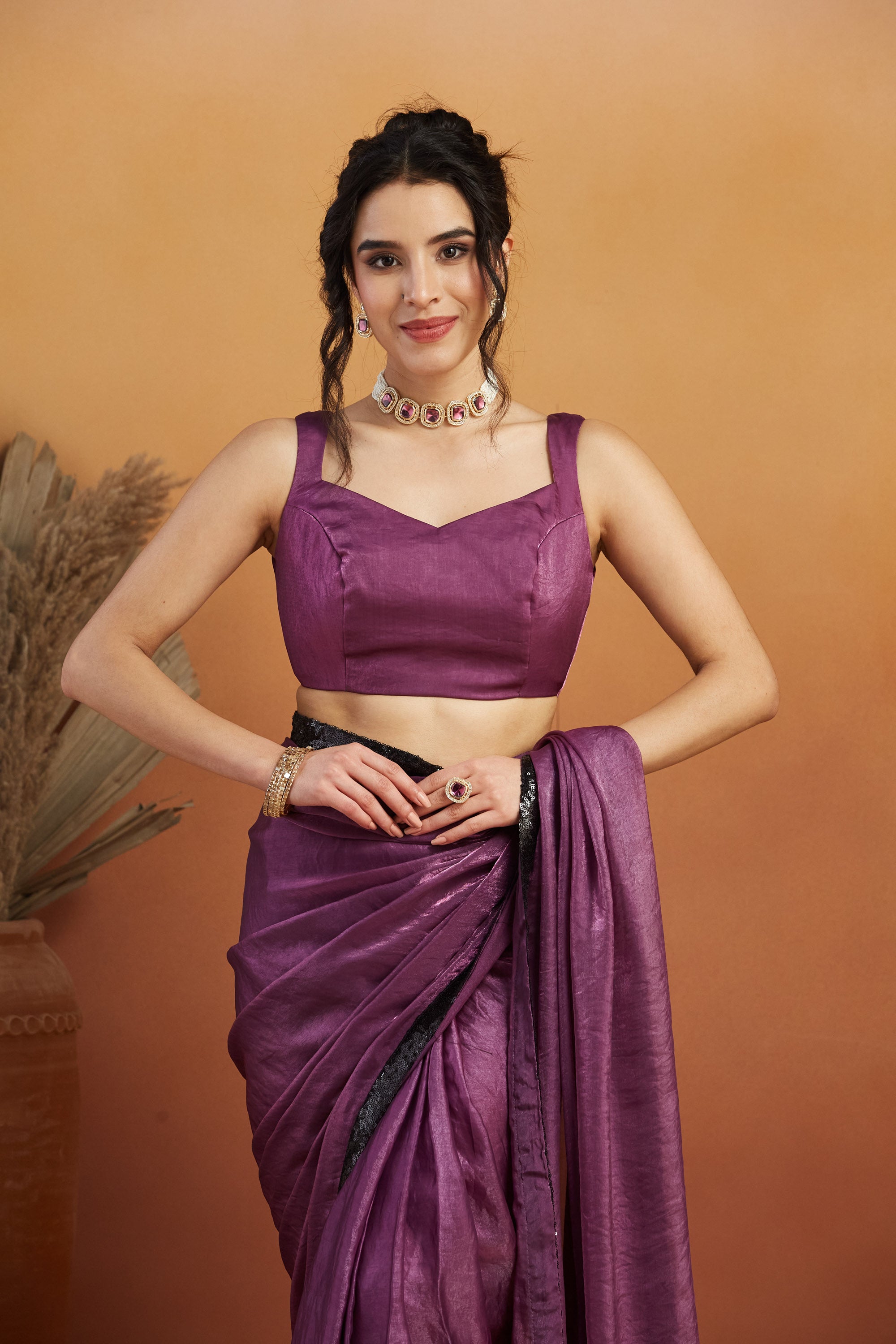 Embellished Glass Lace Work Purple Satin Velvet Ready to Wear Saree