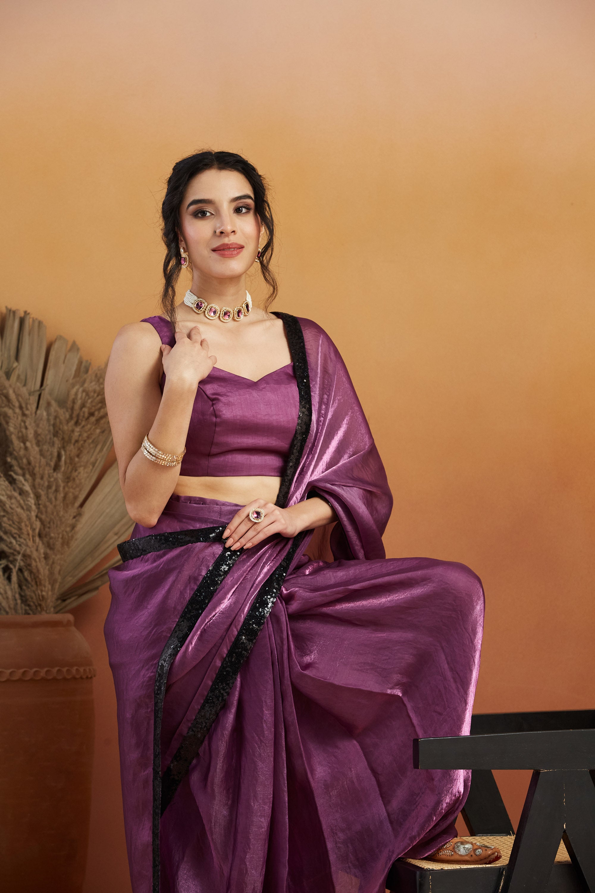 Embellished Glass Lace Work Purple Satin Velvet Ready to Wear Saree