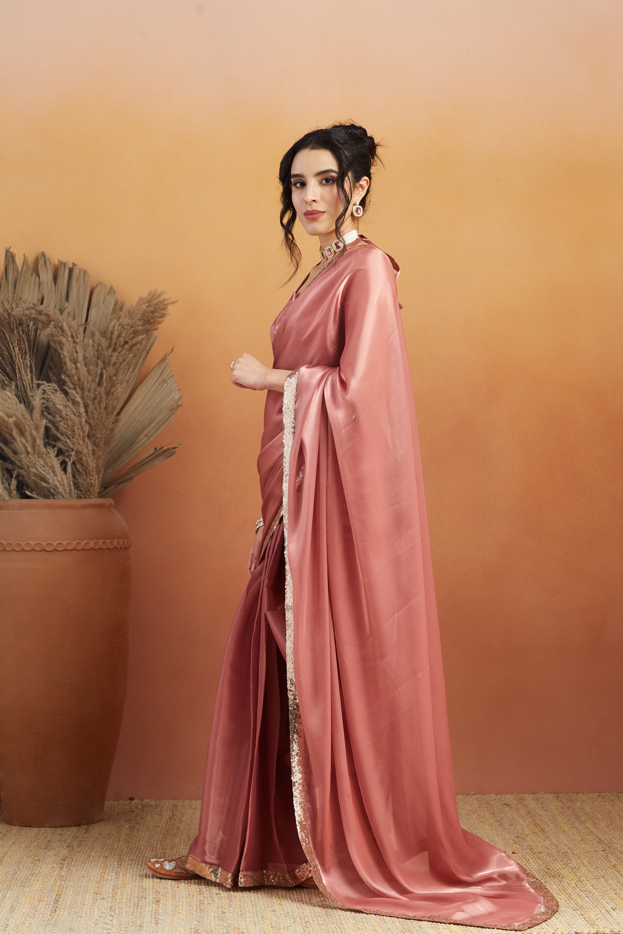 Embellished Glass Lace Work Dusty Pink Satin Velvet  Saree