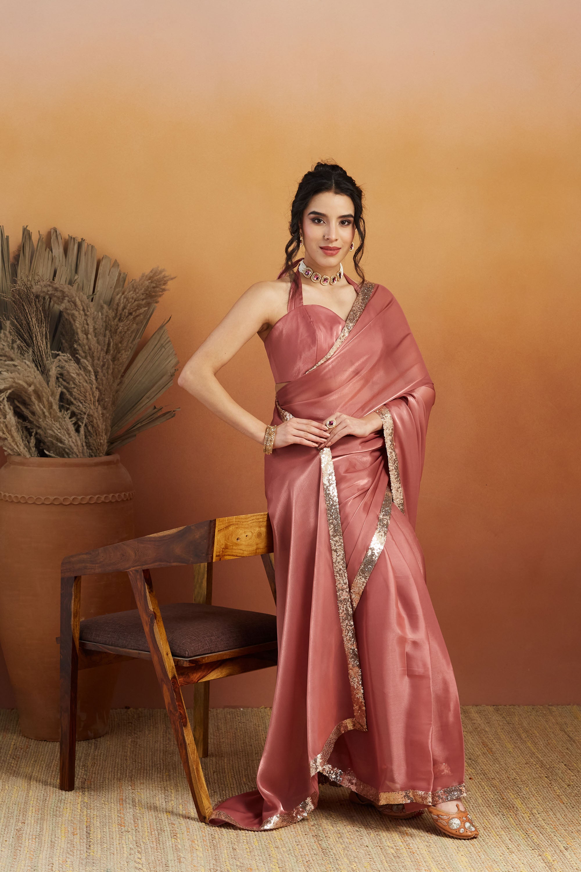 Embellished Glass Lace Work Dusty Pink Satin Velvet Ready to Wear Saree