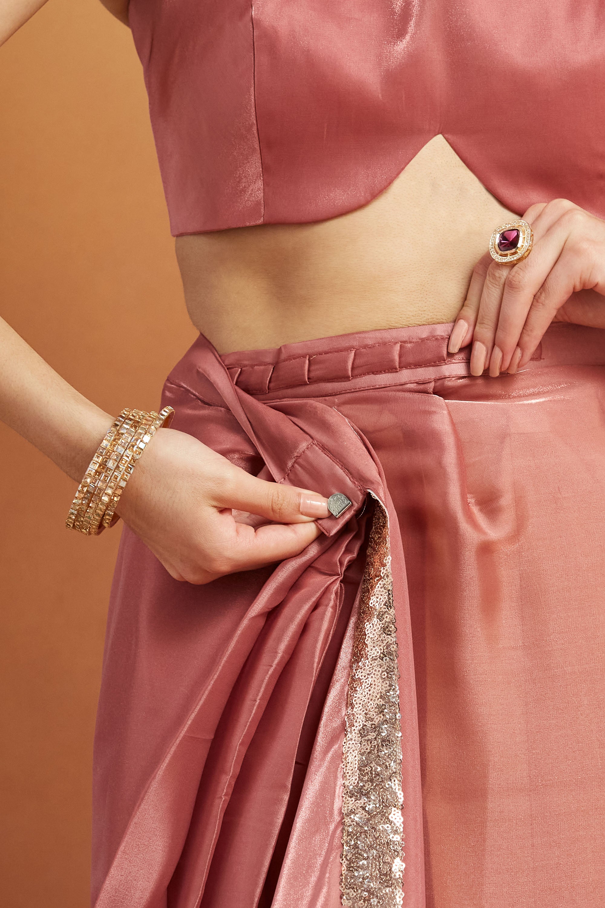 Embellished Glass Lace Work Dusty Pink Satin Velvet Ready to Wear Saree