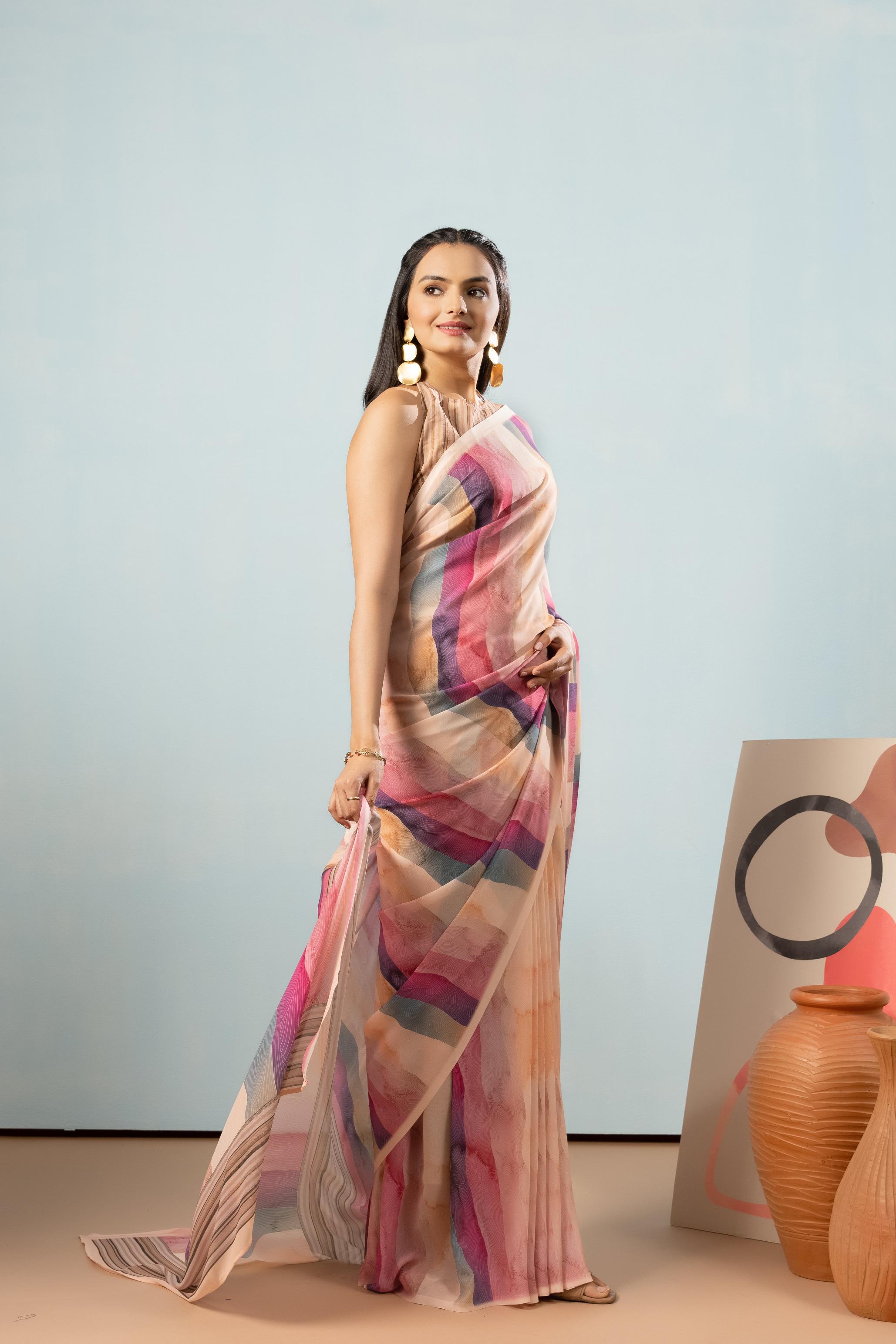 Rainbow Digital Printed Georgette ready to wear Saree