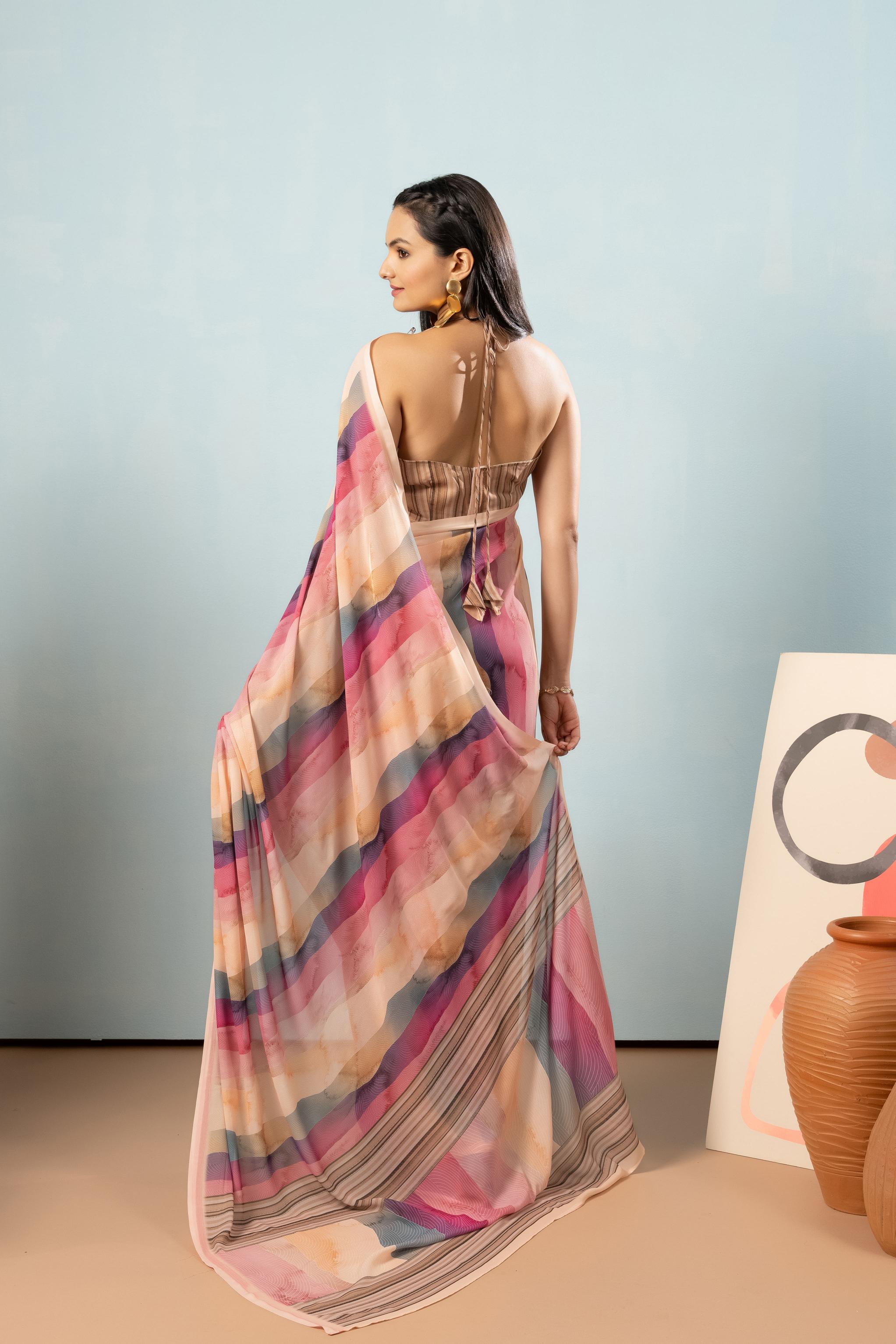 Rainbow Digital Printed Georgette ready to wear Saree