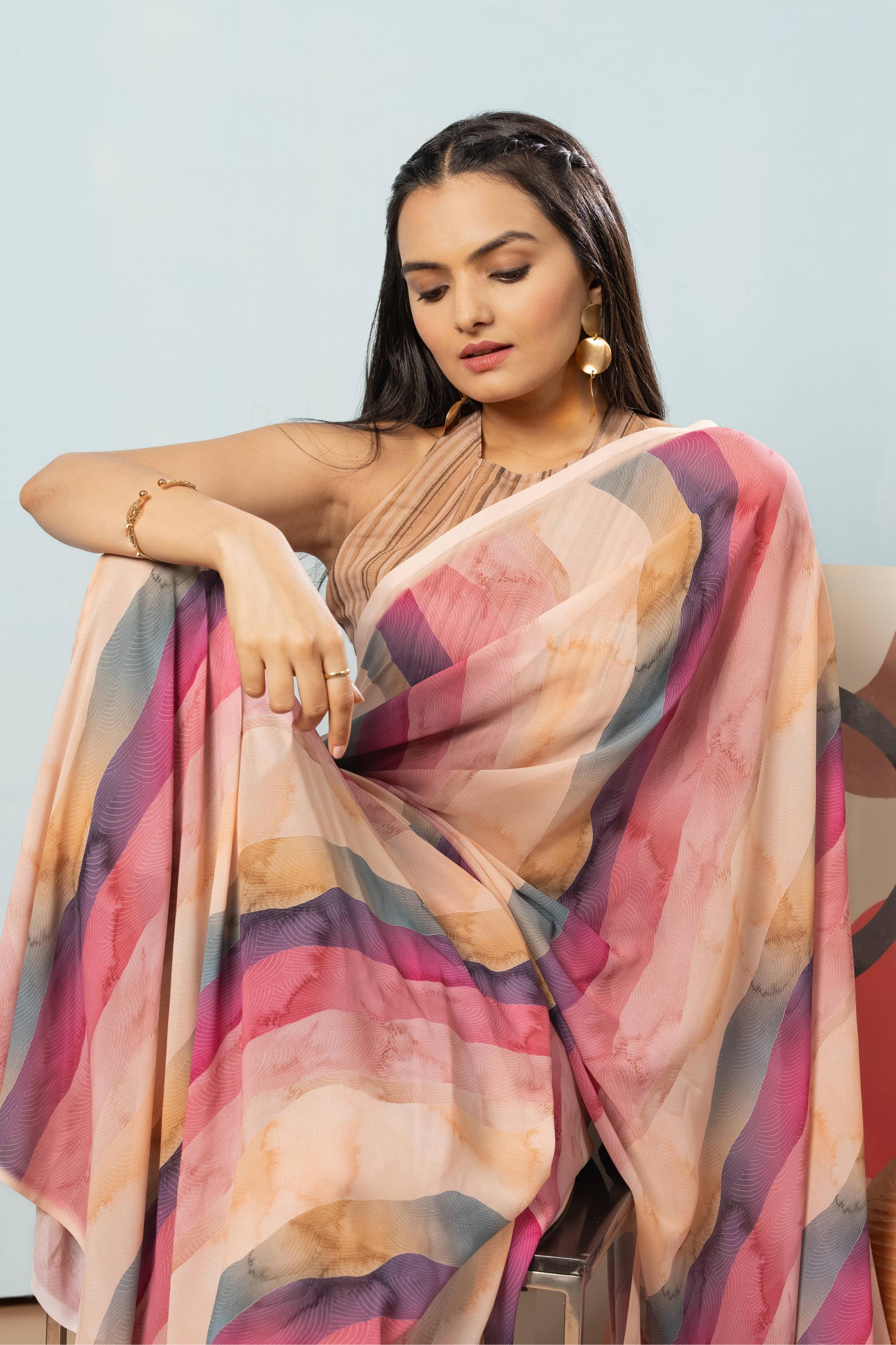 Rainbow Digital Printed Georgette ready to wear Saree