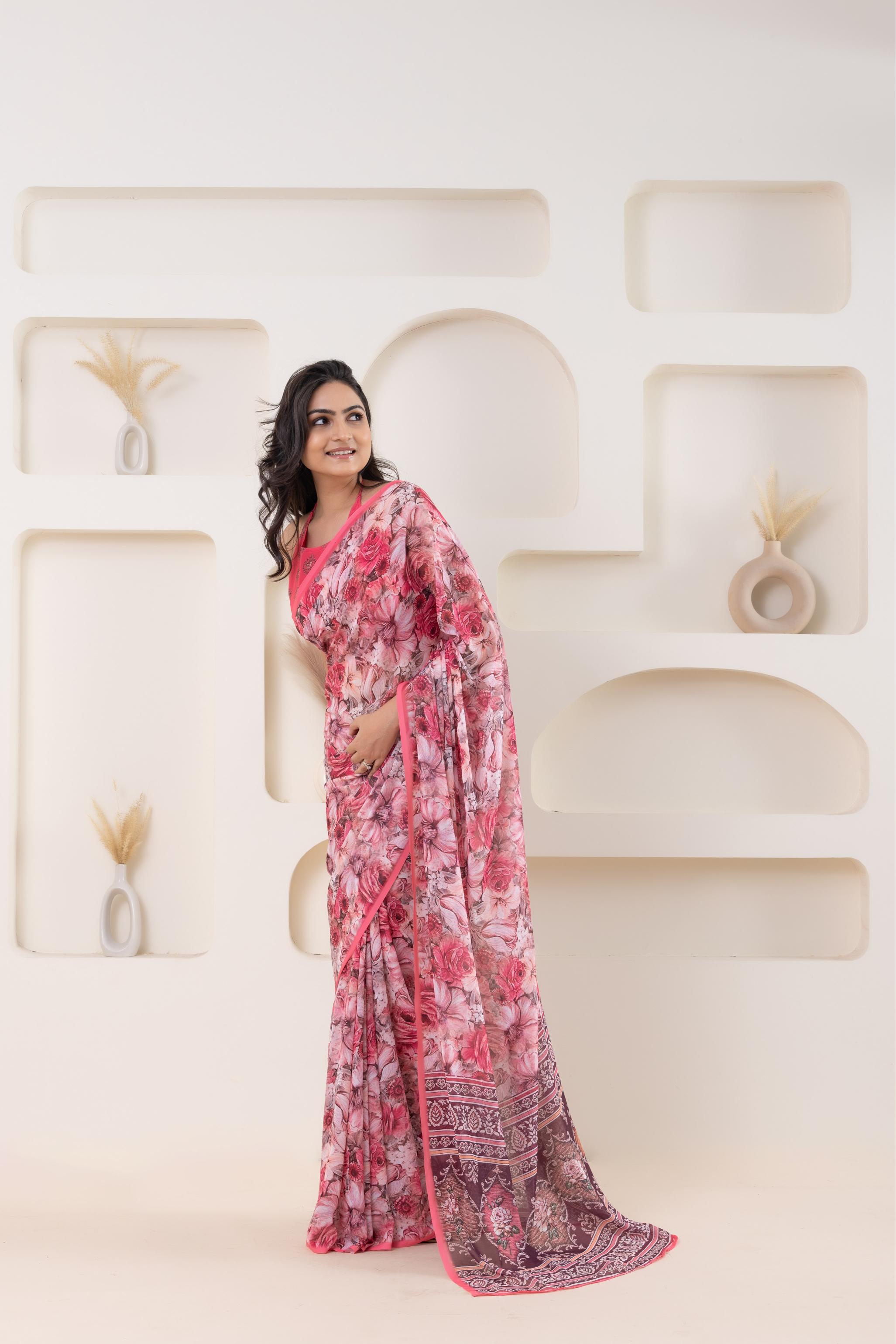 Elegant Digital Floral Printed Georgette Saree