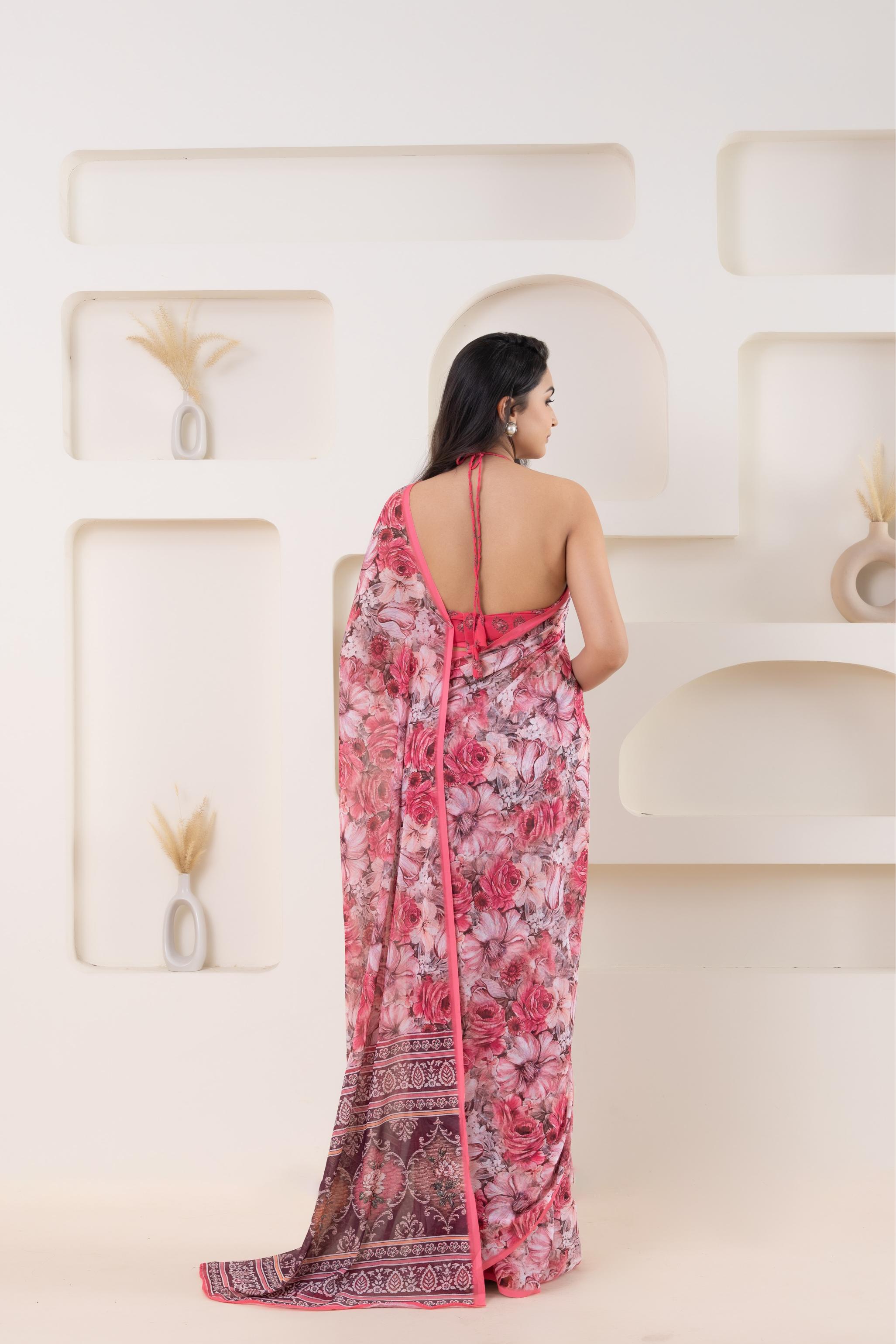 Elegant Digital Floral Printed Georgette Saree