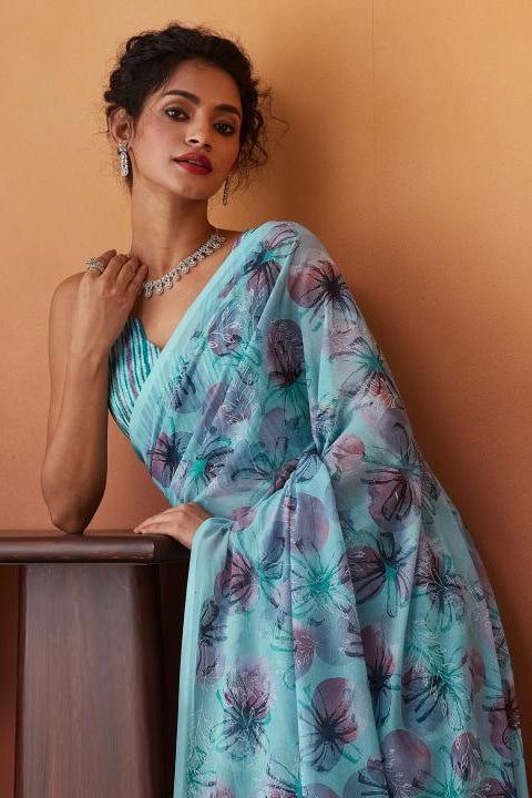 Floral Digital Printed Blue Georgette Saree