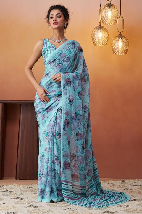 Floral Digital Printed Blue Georgette Saree