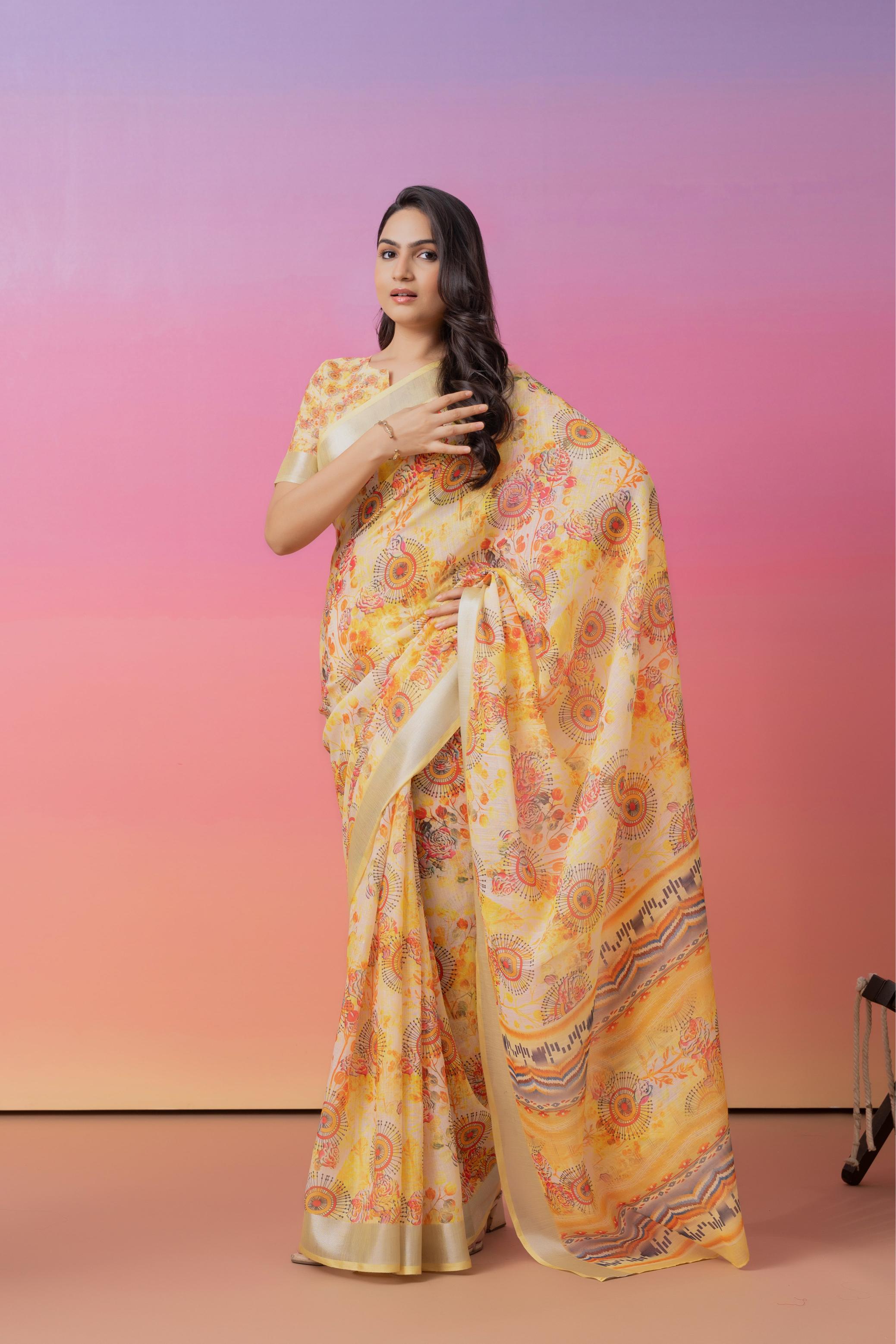 Ajrakh Floral Printed Linen Cotton Saree