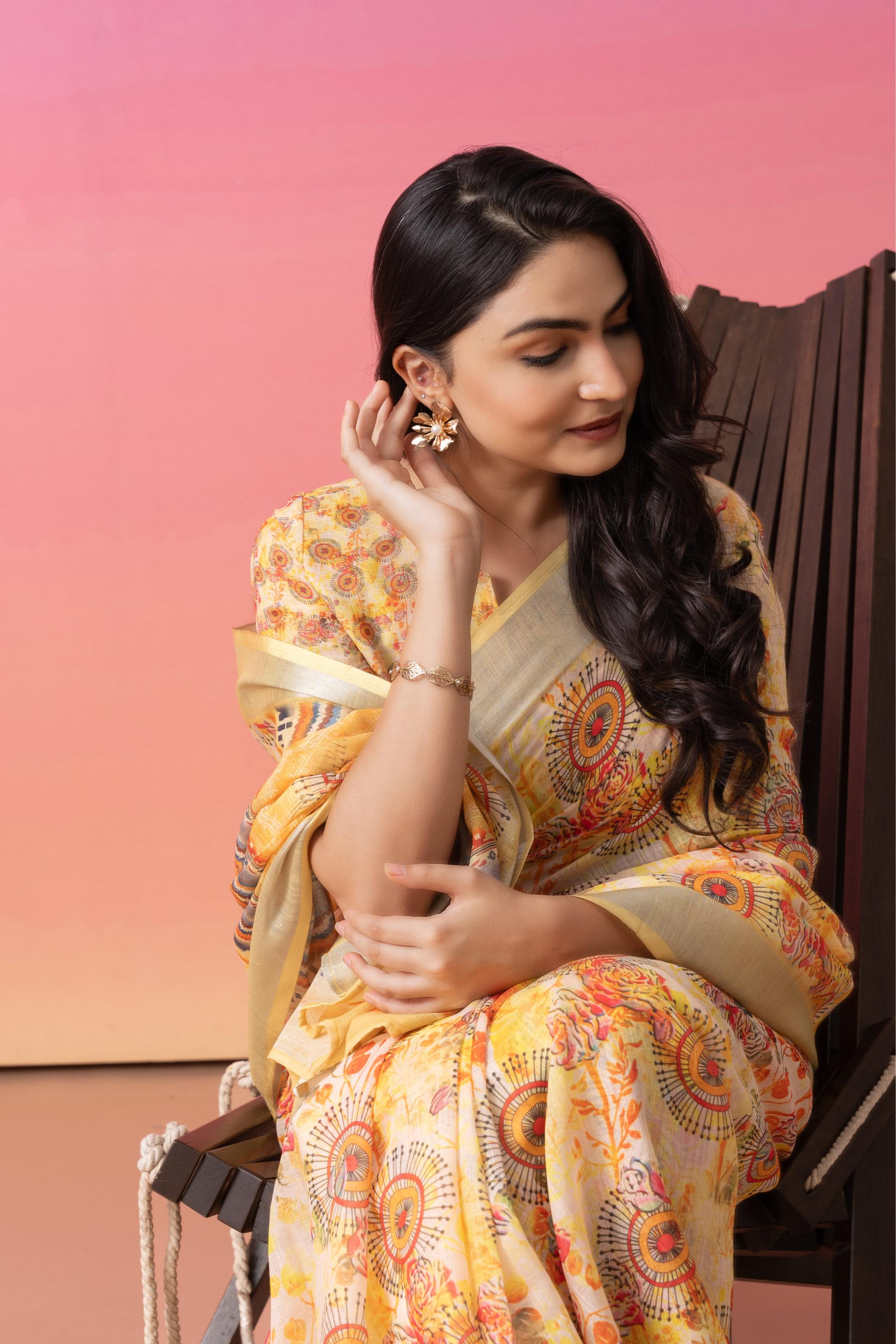 Ajrakh Floral Printed Linen Cotton Saree
