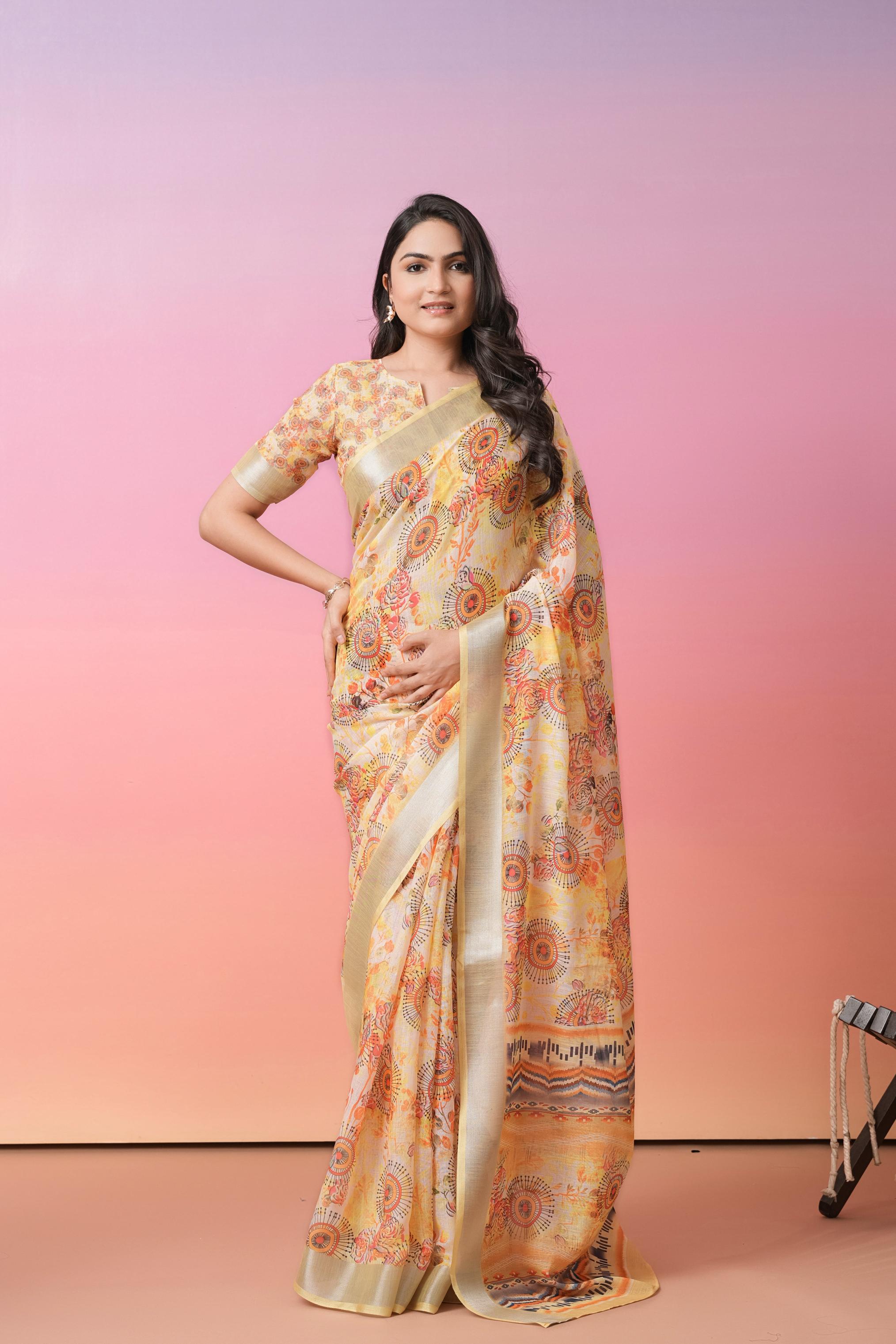 Ajrakh Floral Printed Linen Cotton Saree
