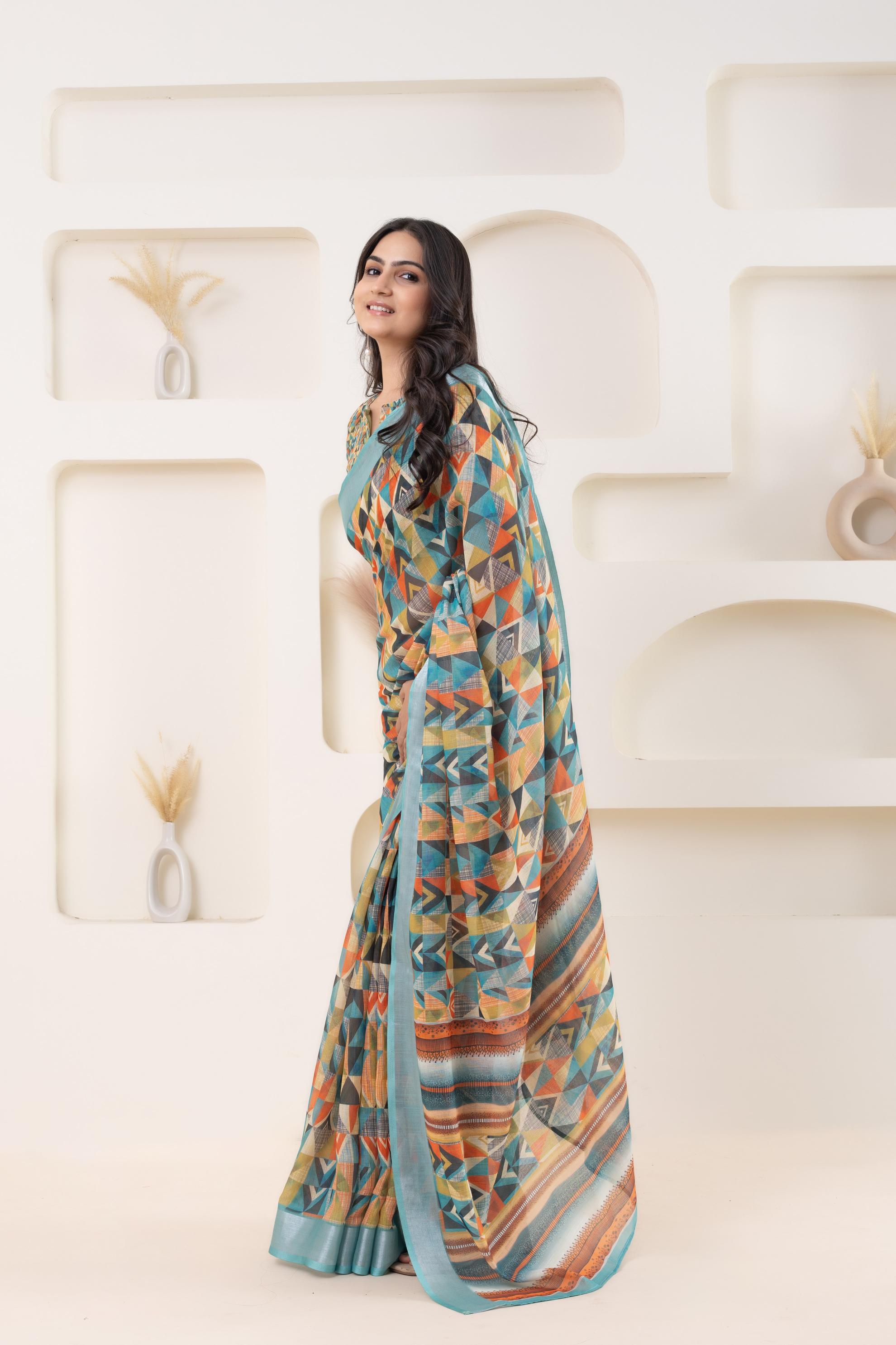 Fashionable Geometric Linen Cotton Blend Saree