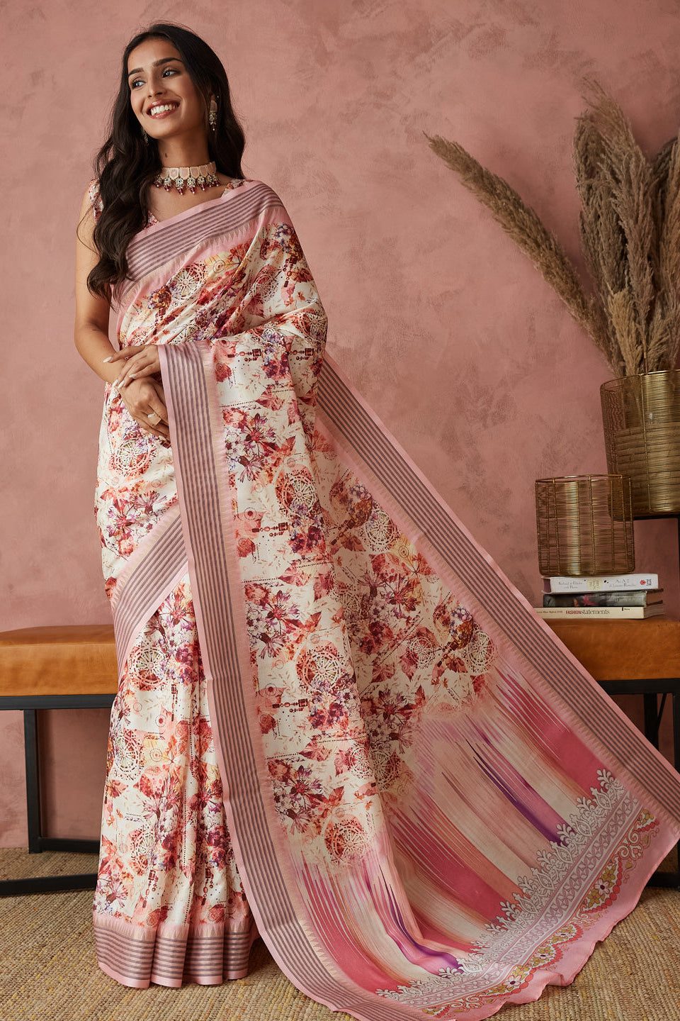 Pastel Floral Printed Manipuri Tussar Saree