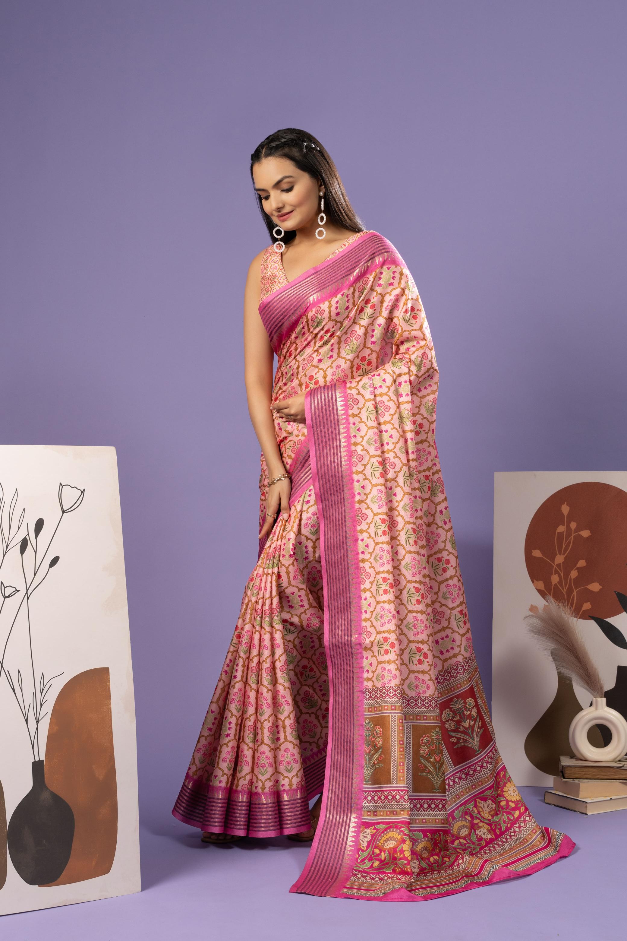Tanchoi Printed Manipuri Tussar Saree With Tample Border