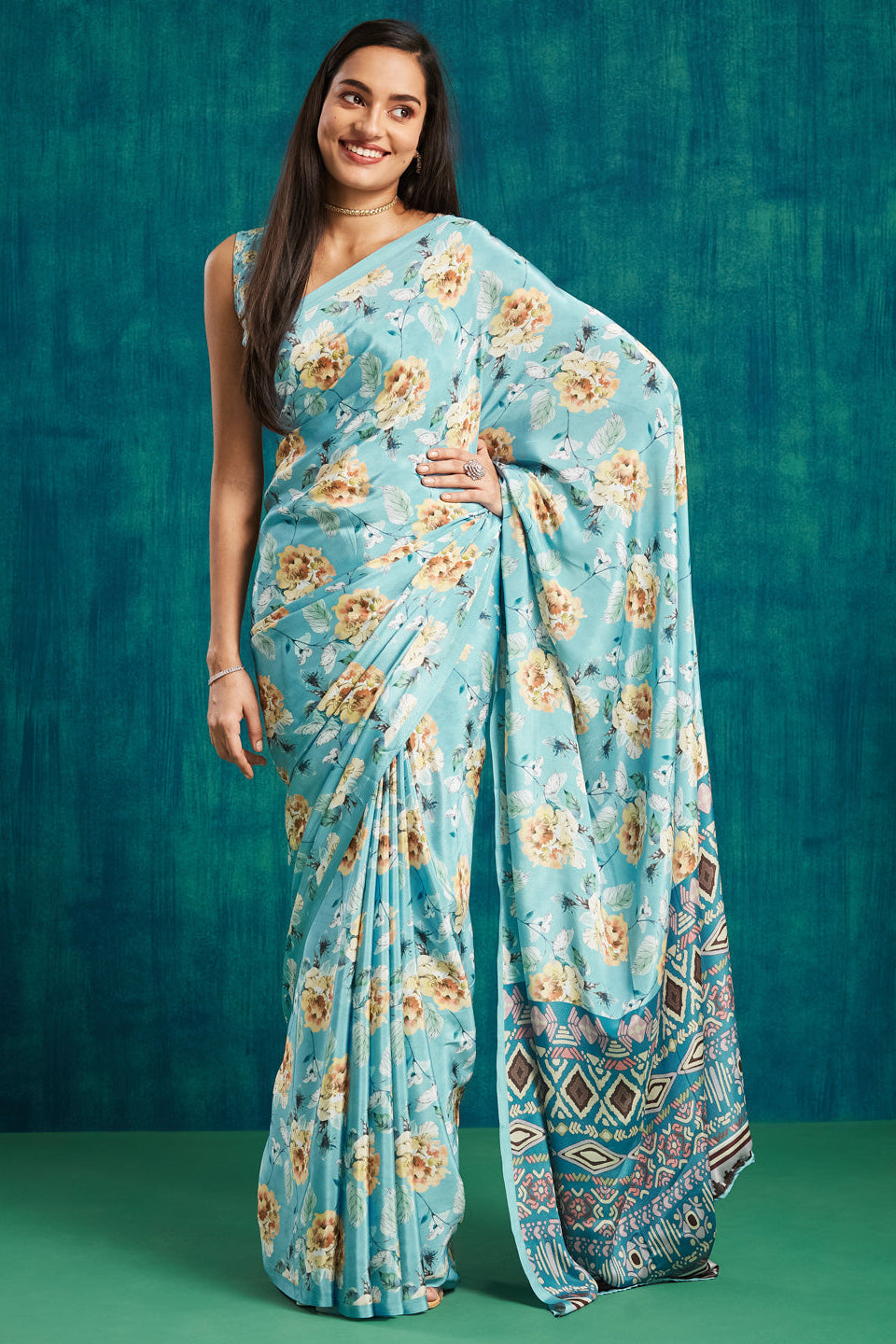 Digital Floral Printed Blue Silk Crepe Saree