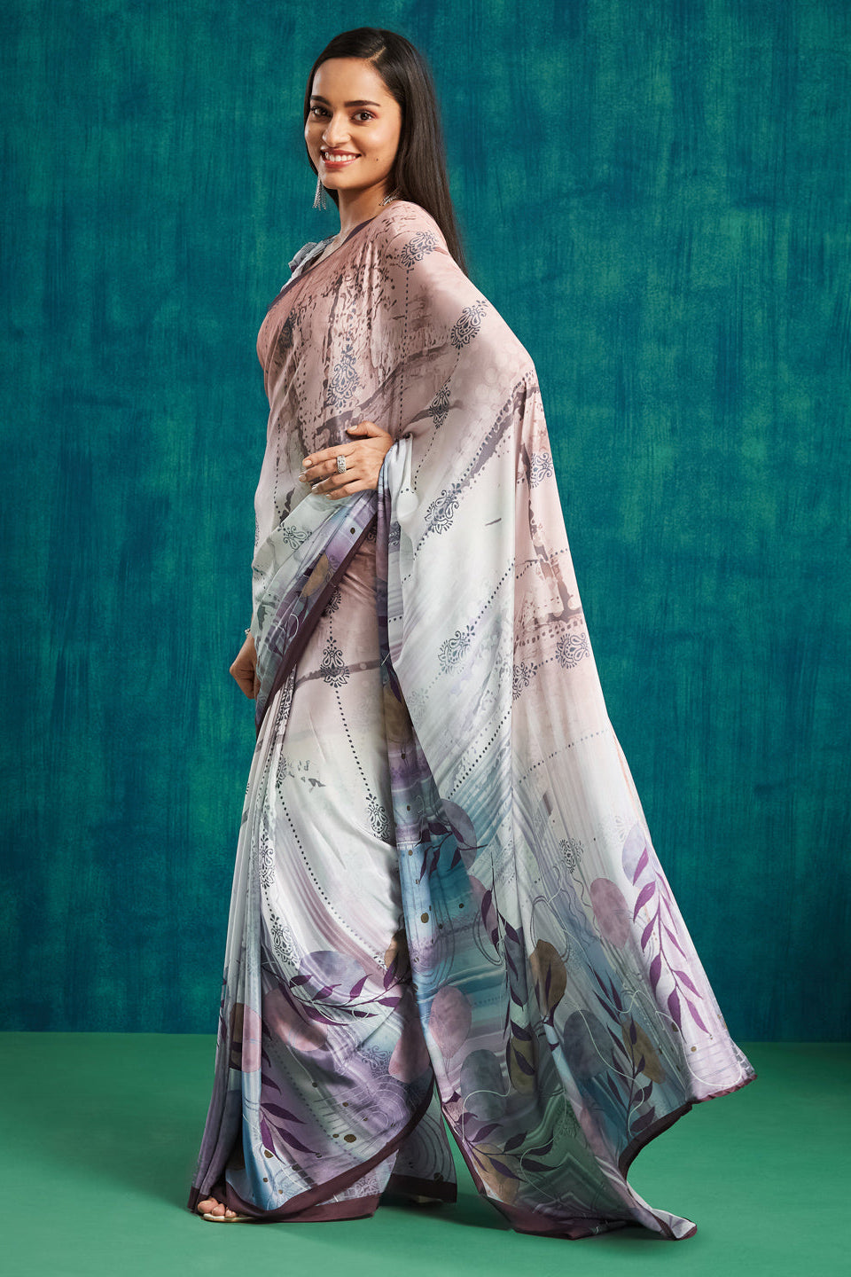 Digital Batik Printed Wine Silk Crepe Saree