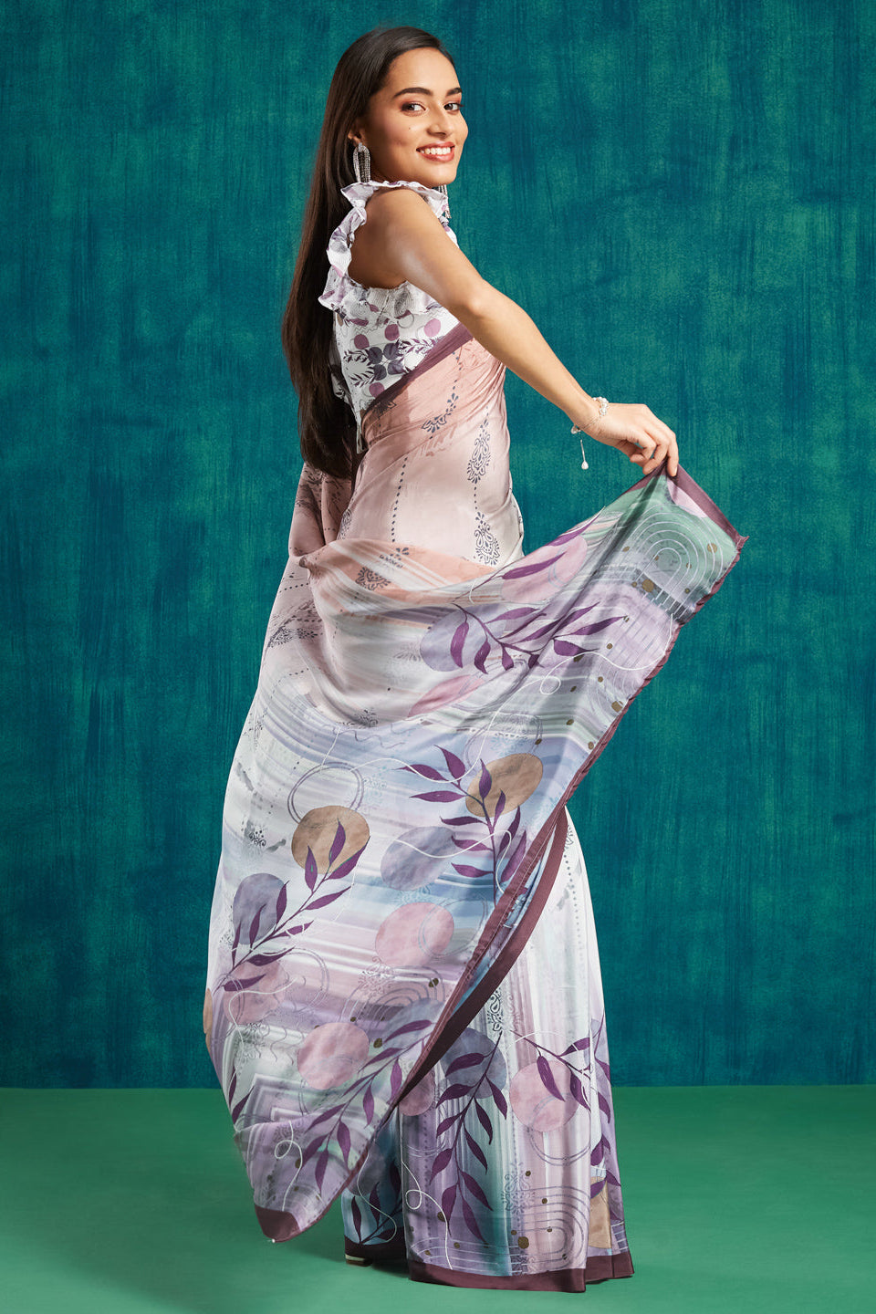 Digital Batik Printed Wine Silk Crepe Saree