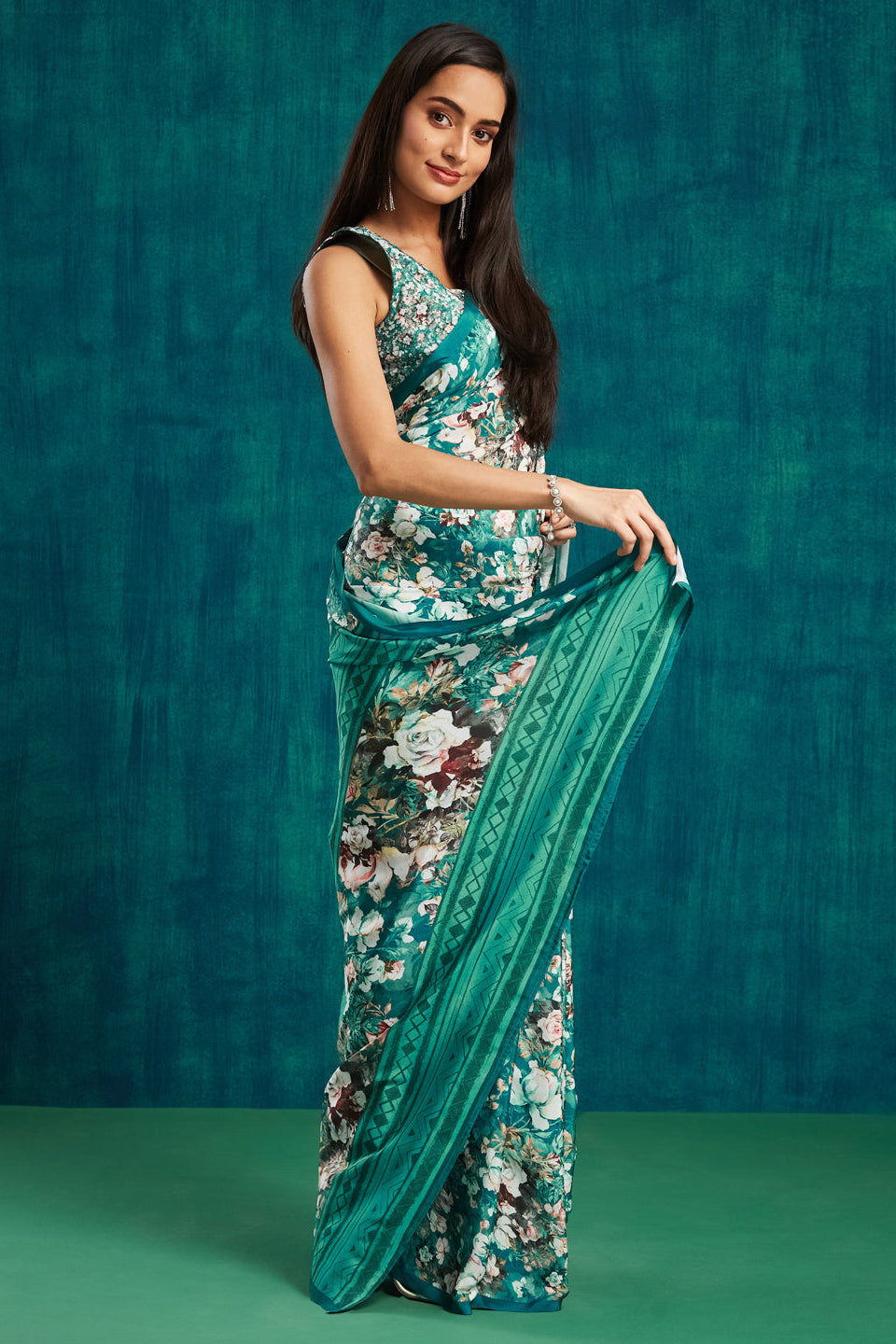 Digital Floral Printed Rama Silk Crepe Saree