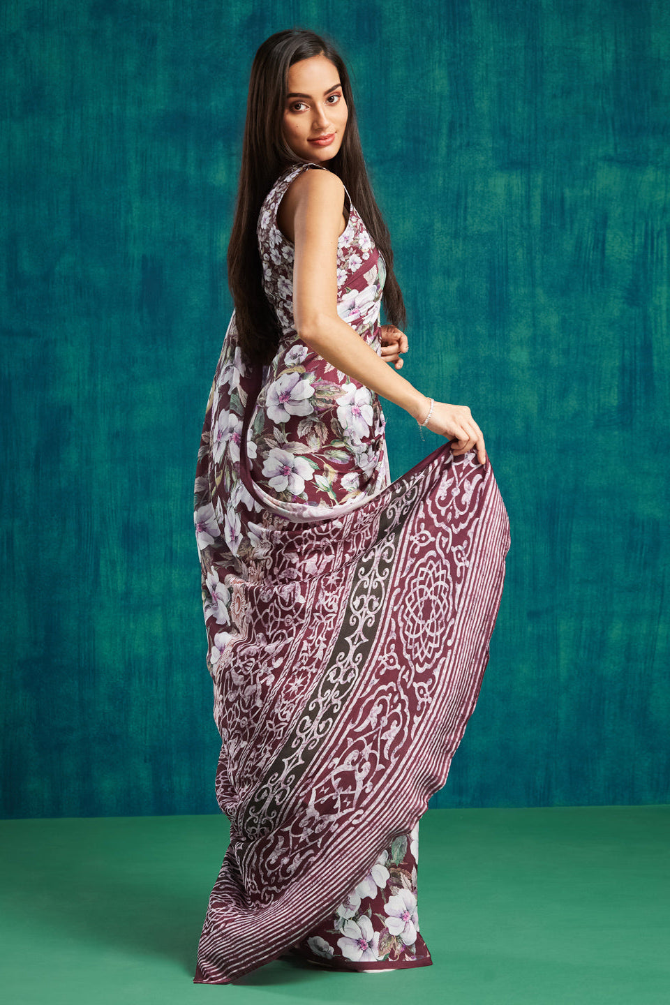 Digital Floral Printed Maroon Silk Crepe Saree