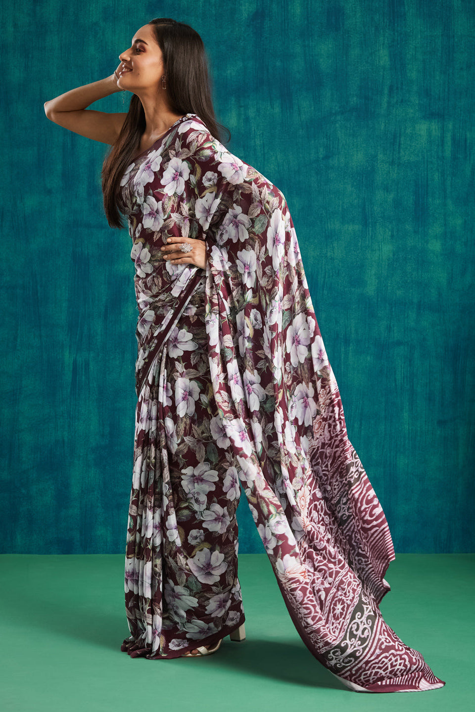 Digital Floral Printed Maroon Silk Crepe Saree