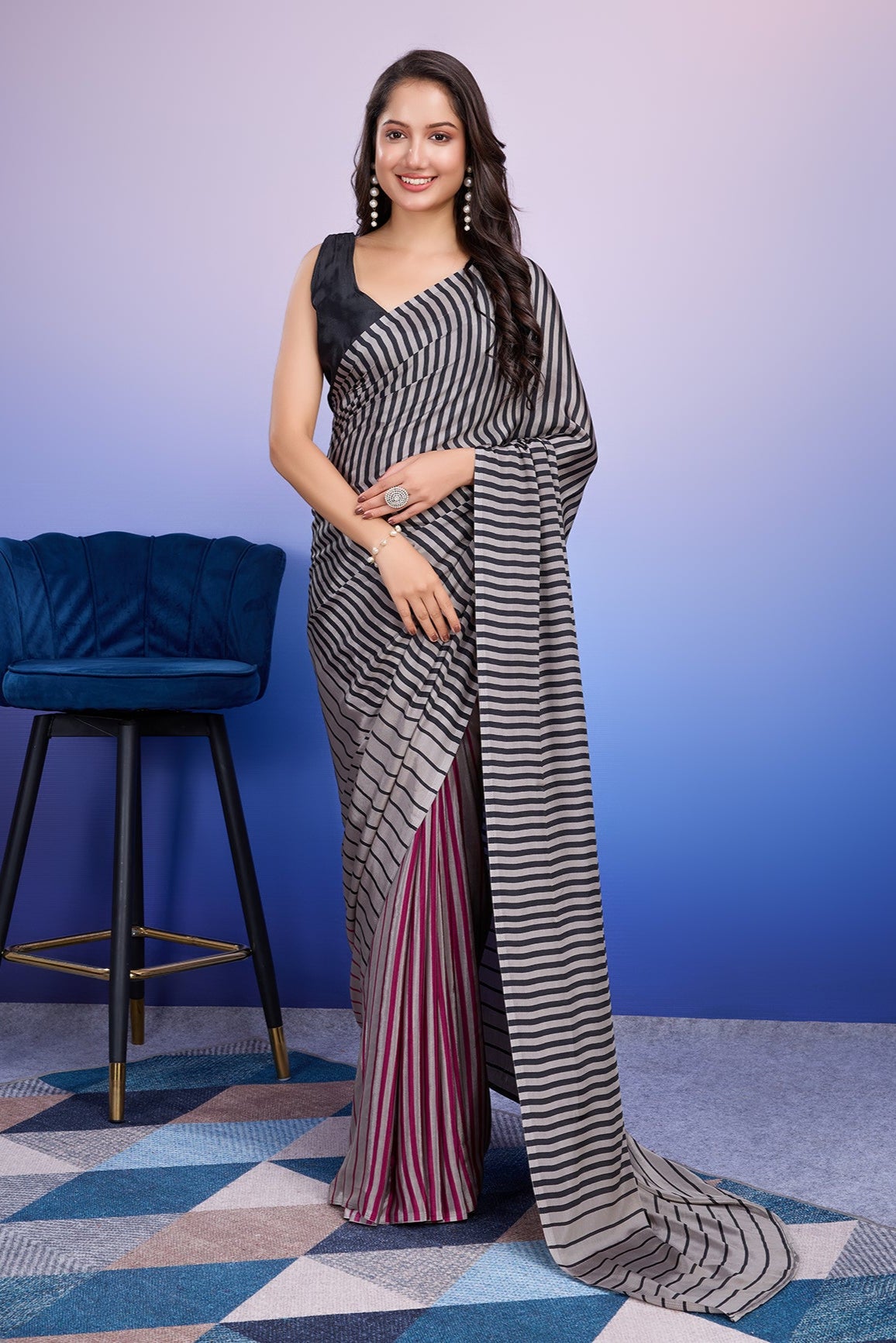 RACHNA Striped Satin  Ready to Wear Saree