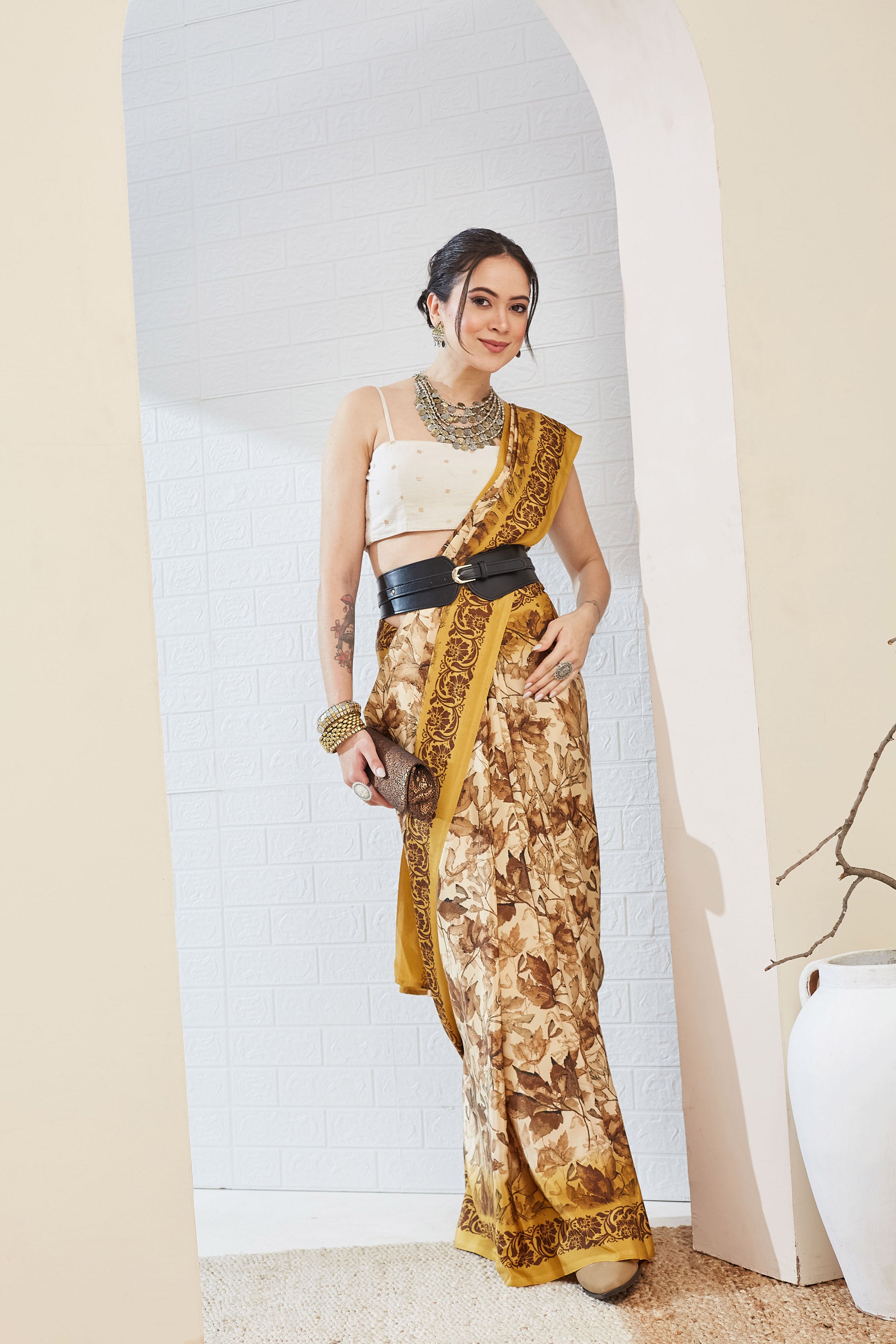 Yellow Floral Printed Silk Blend Ready To Wear Saree