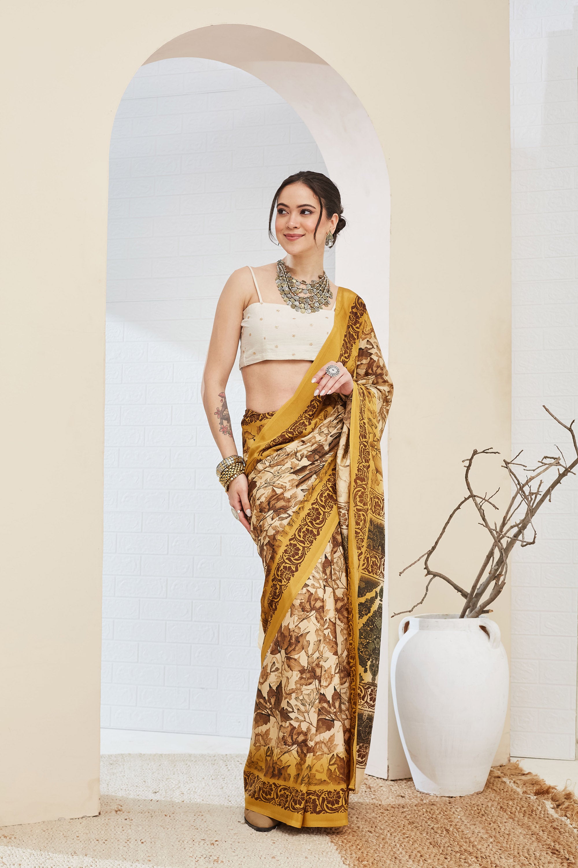 Yellow Floral Printed Silk Blend Ready To Wear Saree