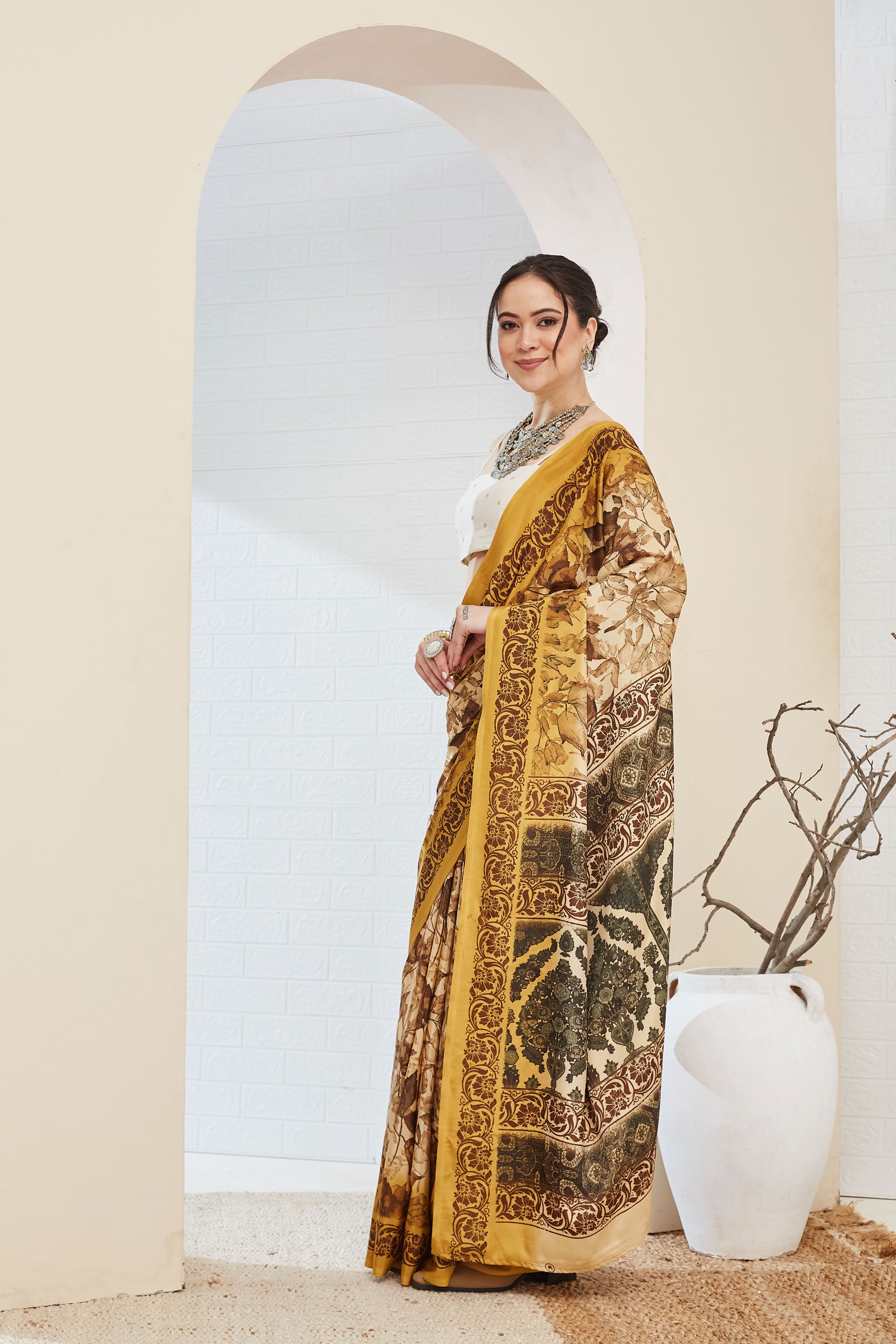 Yellow Floral Printed Silk Blend Ready To Wear Saree
