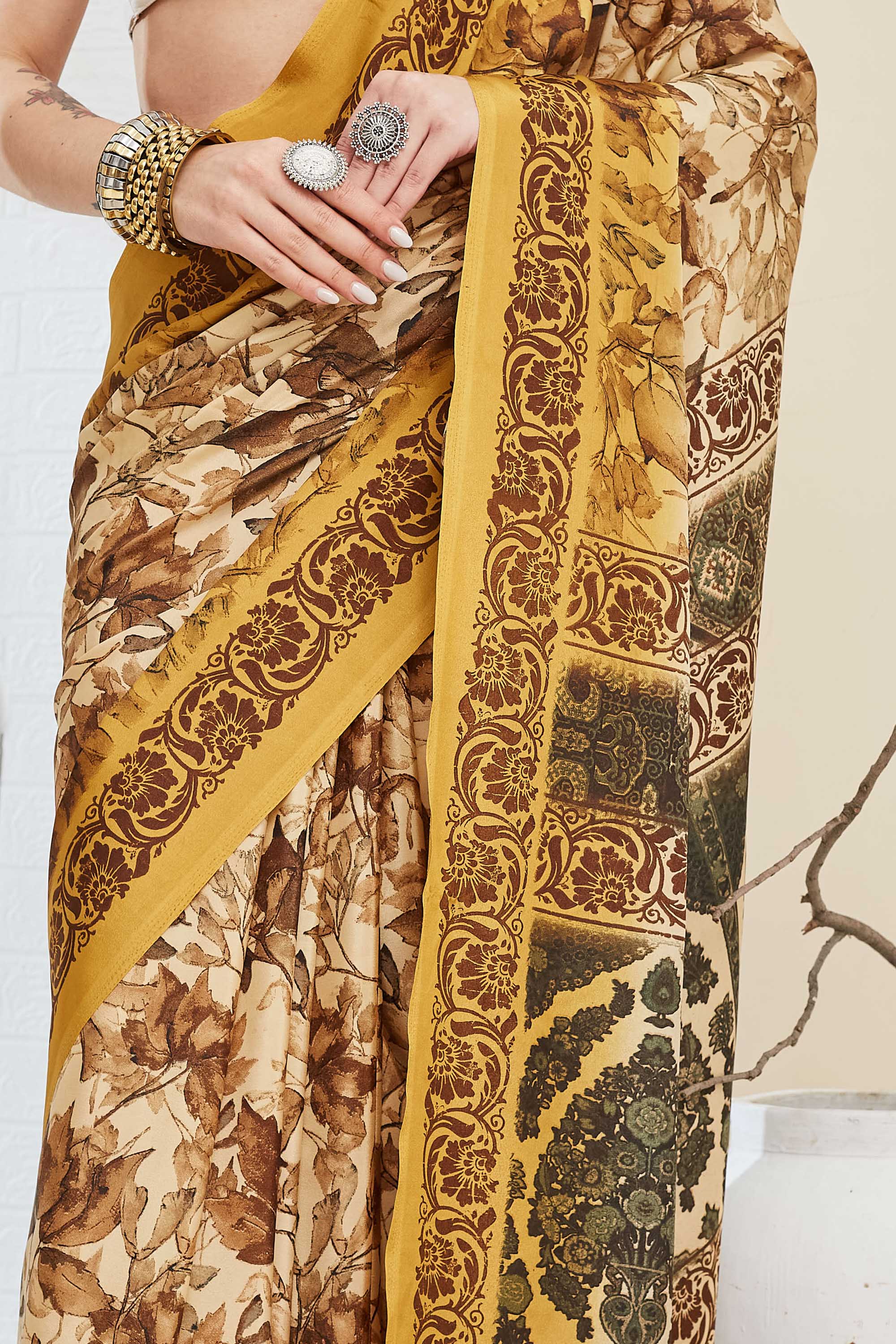 Yellow Floral Printed Silk Blend Ready To Wear Saree