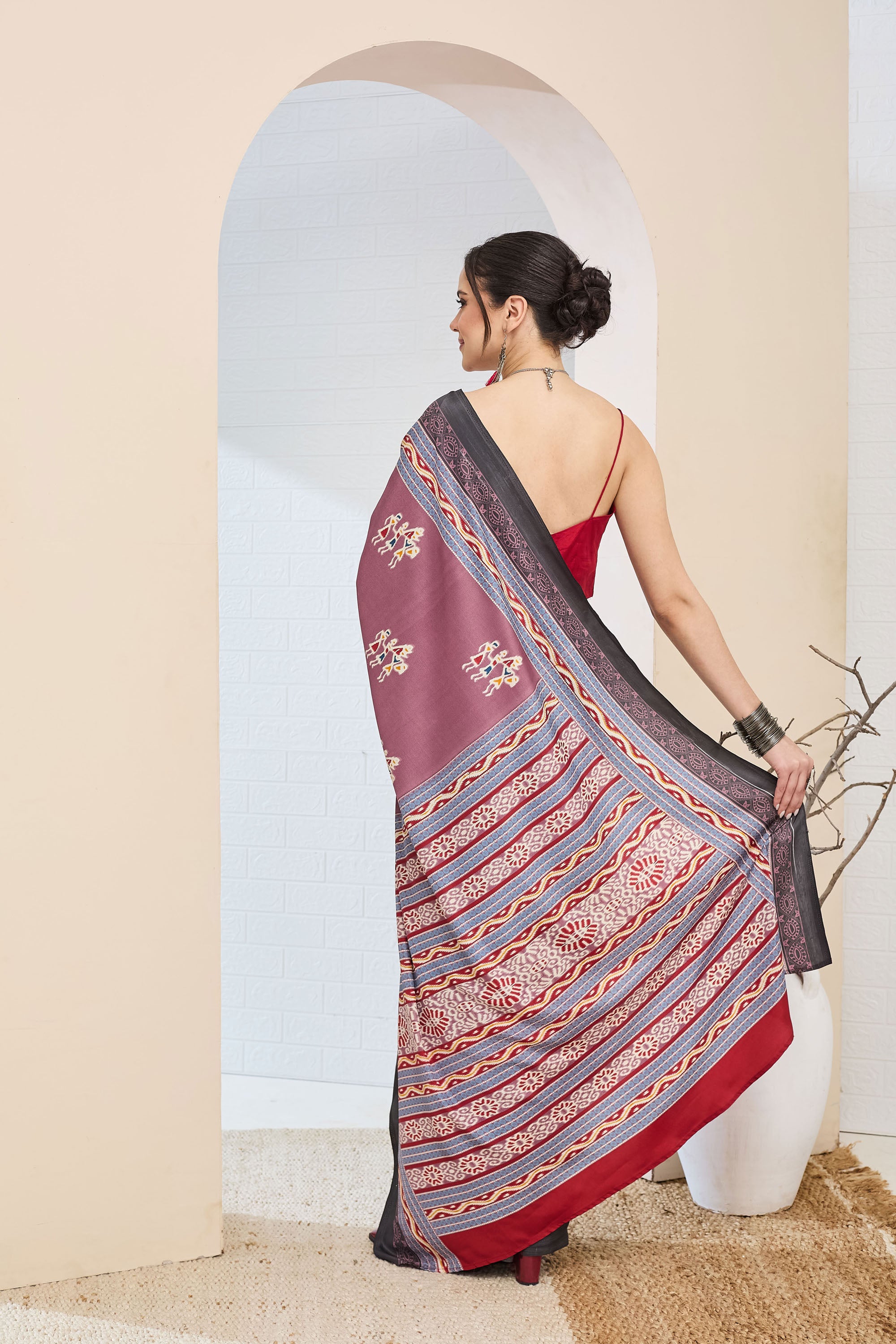 Purple Warli Printed Silk Blend Ready To Wear Saree