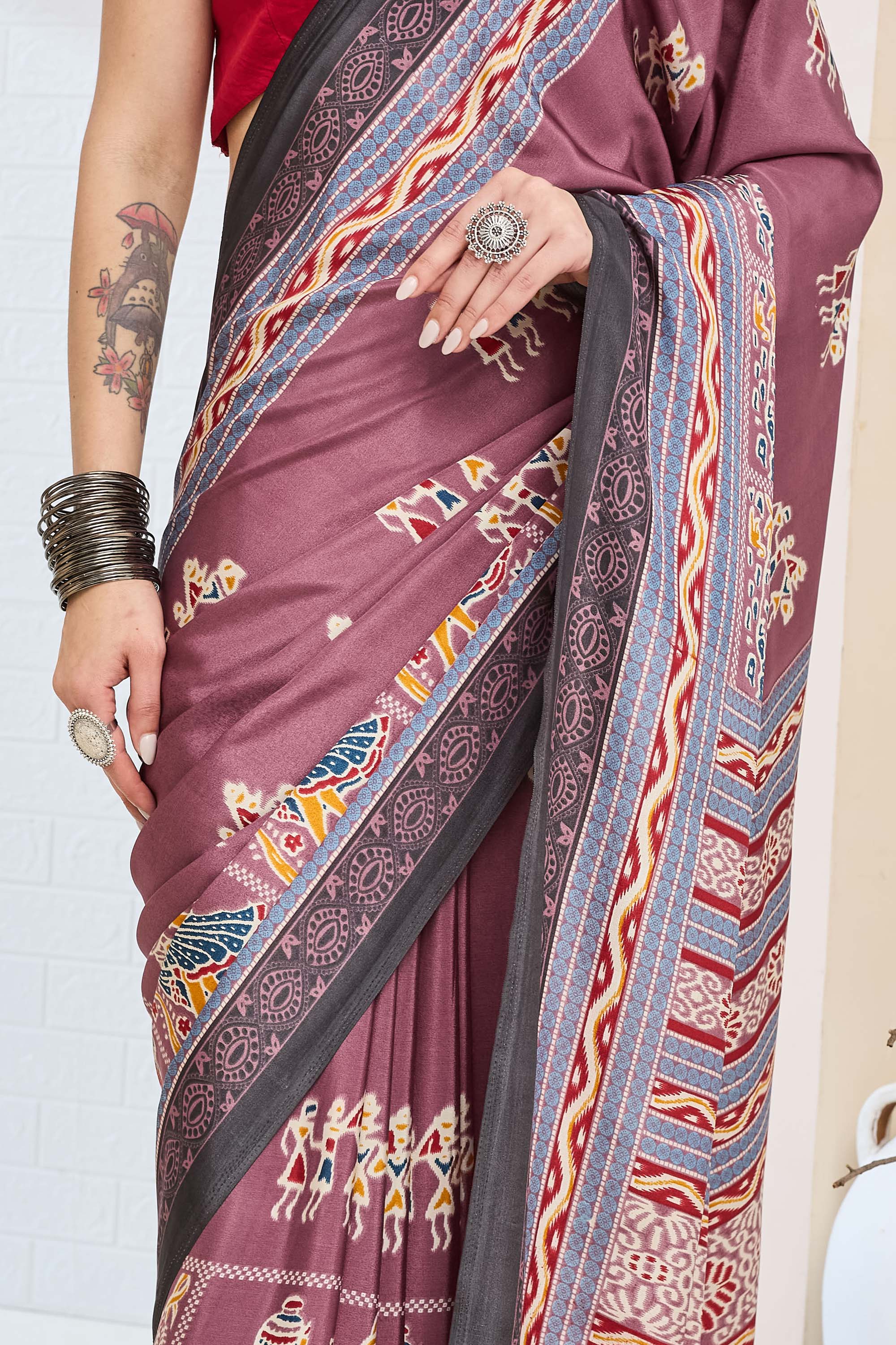 Purple Warli Printed Silk Blend Ready To Wear Saree