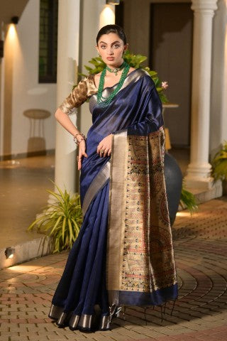 Traditional Blue Color Soft Tussar Silk Zari Border Designer Saree