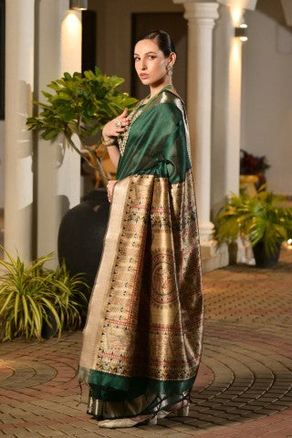 Traditional Green Color Soft Tussar Silk Zari Border Designer Saree