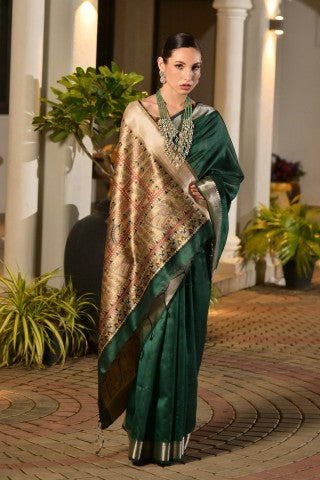 Traditional Green Color Soft Tussar Silk Zari Border Designer Saree