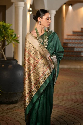 Traditional Green Color Soft Tussar Silk Zari Border Designer Saree