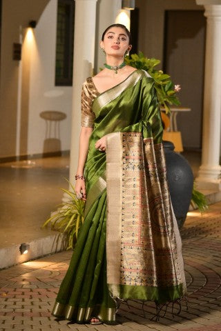 Traditional Mehendi Color Soft Tussar Silk Zari Border Designer Saree
