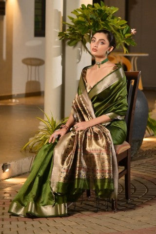 Traditional Mehendi Color Soft Tussar Silk Zari Border Designer Saree
