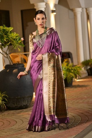 Traditional Violet Color Soft Tussar Silk Zari Border Designer Saree