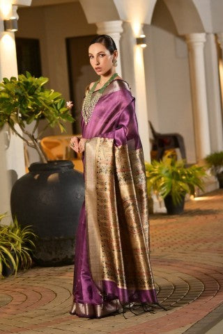 Traditional Violet Color Soft Tussar Silk Zari Border Designer Saree