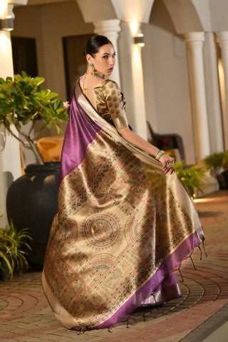 Traditional Violet Color Soft Tussar Silk Zari Border Designer Saree