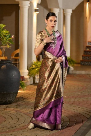 Traditional Violet Color Soft Tussar Silk Zari Border Designer Saree