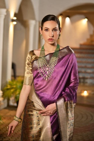 Traditional Violet Color Soft Tussar Silk Zari Border Designer Saree