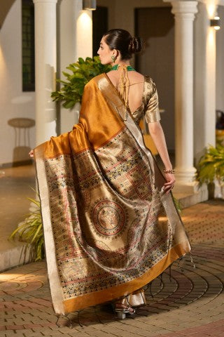 Traditional Yellow Color Soft Tussar Silk Zari Border Designer Saree