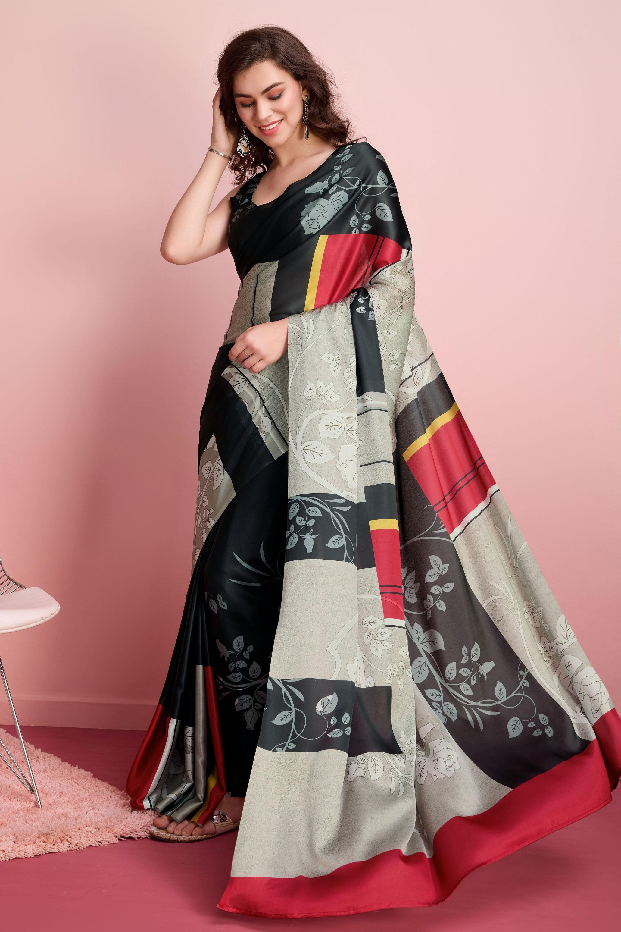 Digital Floral Art Print Satin Silk  Saree