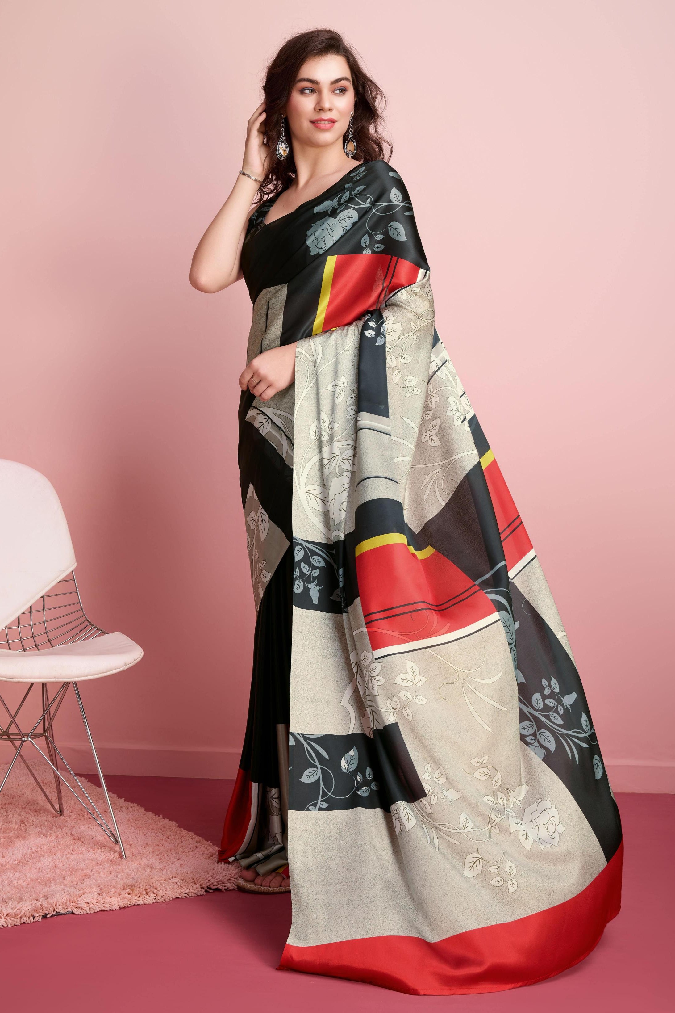 Digital Floral Art Print Satin Silk  Saree