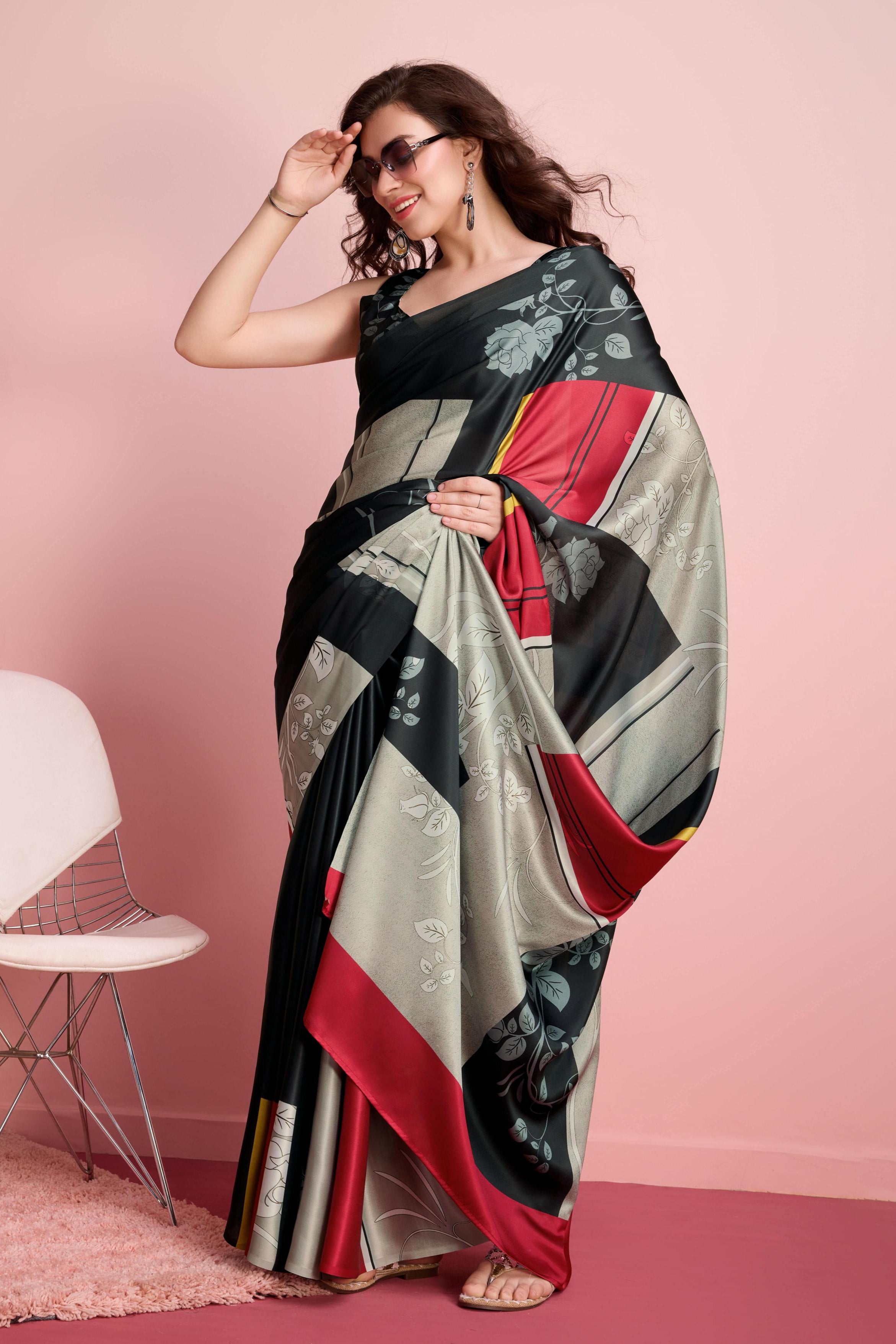 Digital Floral Art Print Satin Silk  Saree
