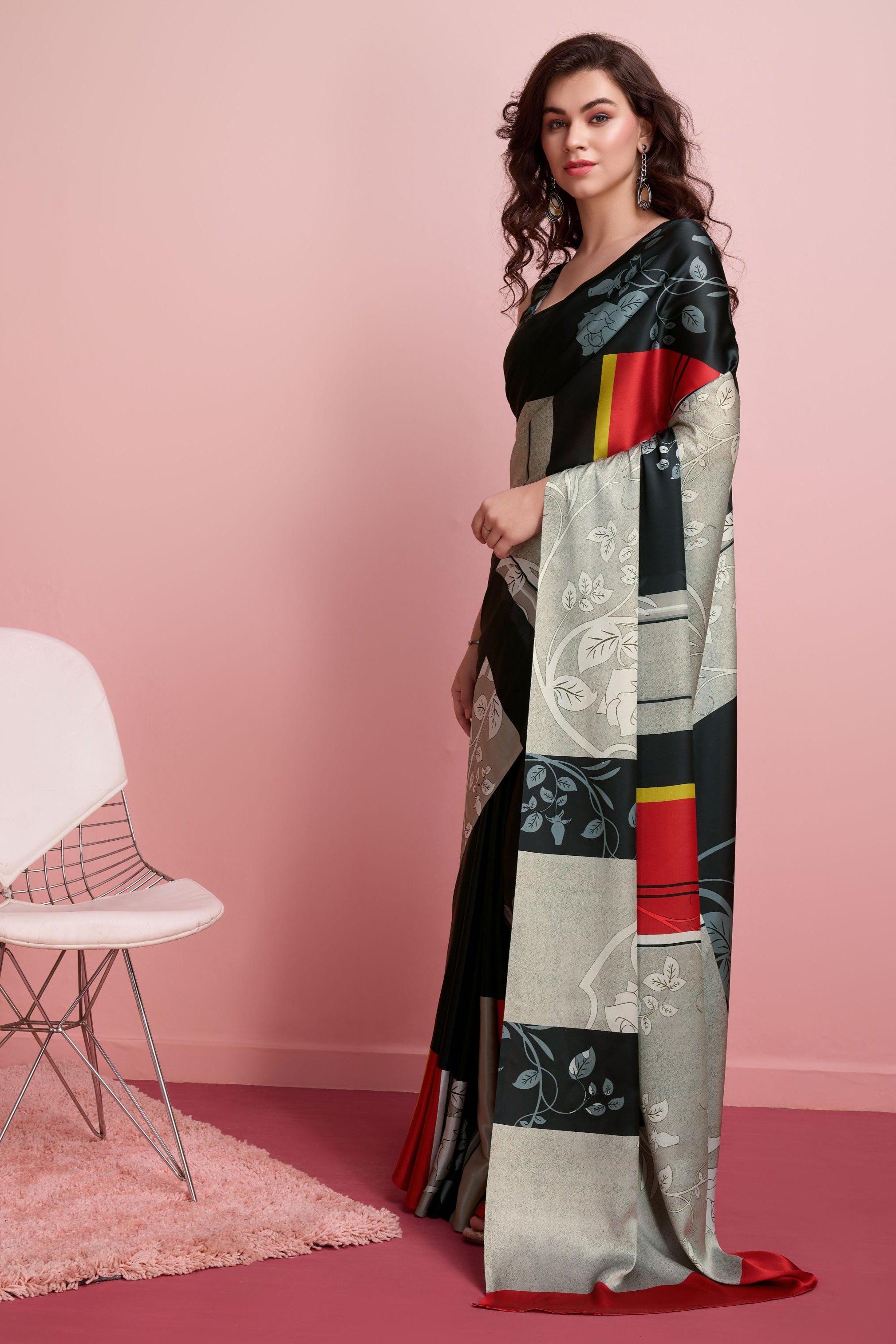 Digital Floral Art Print Satin Silk  Saree