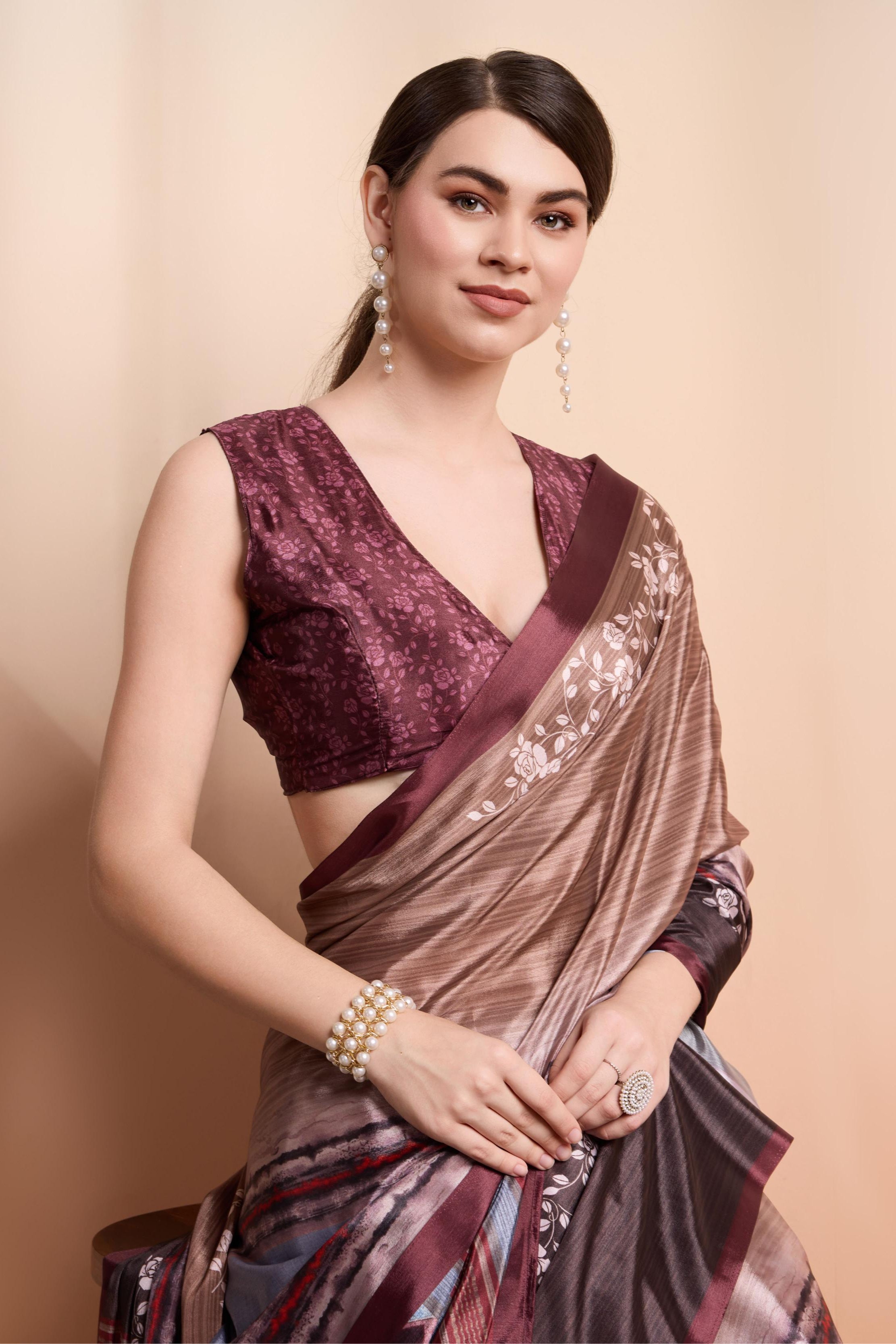 Digital Floral Art Print Satin Silk  Saree