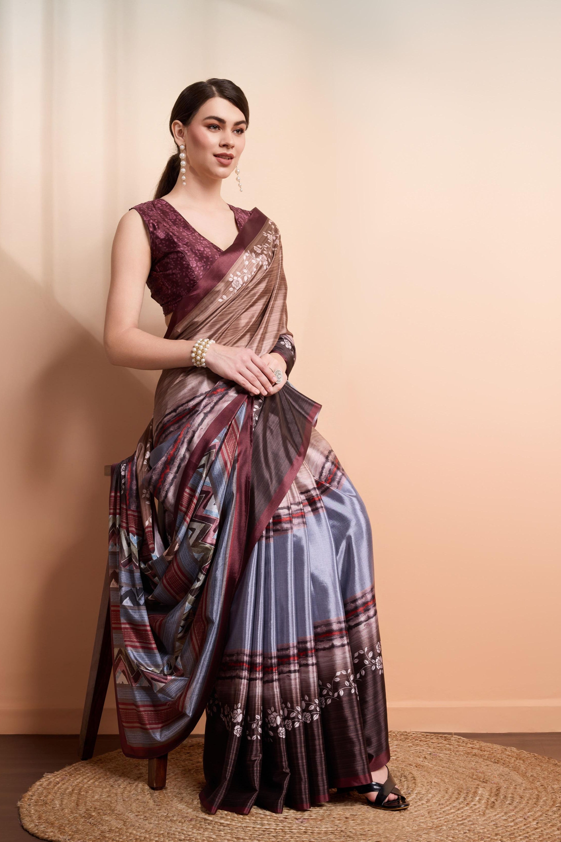 Digital Floral Art Print Satin Silk  Saree
